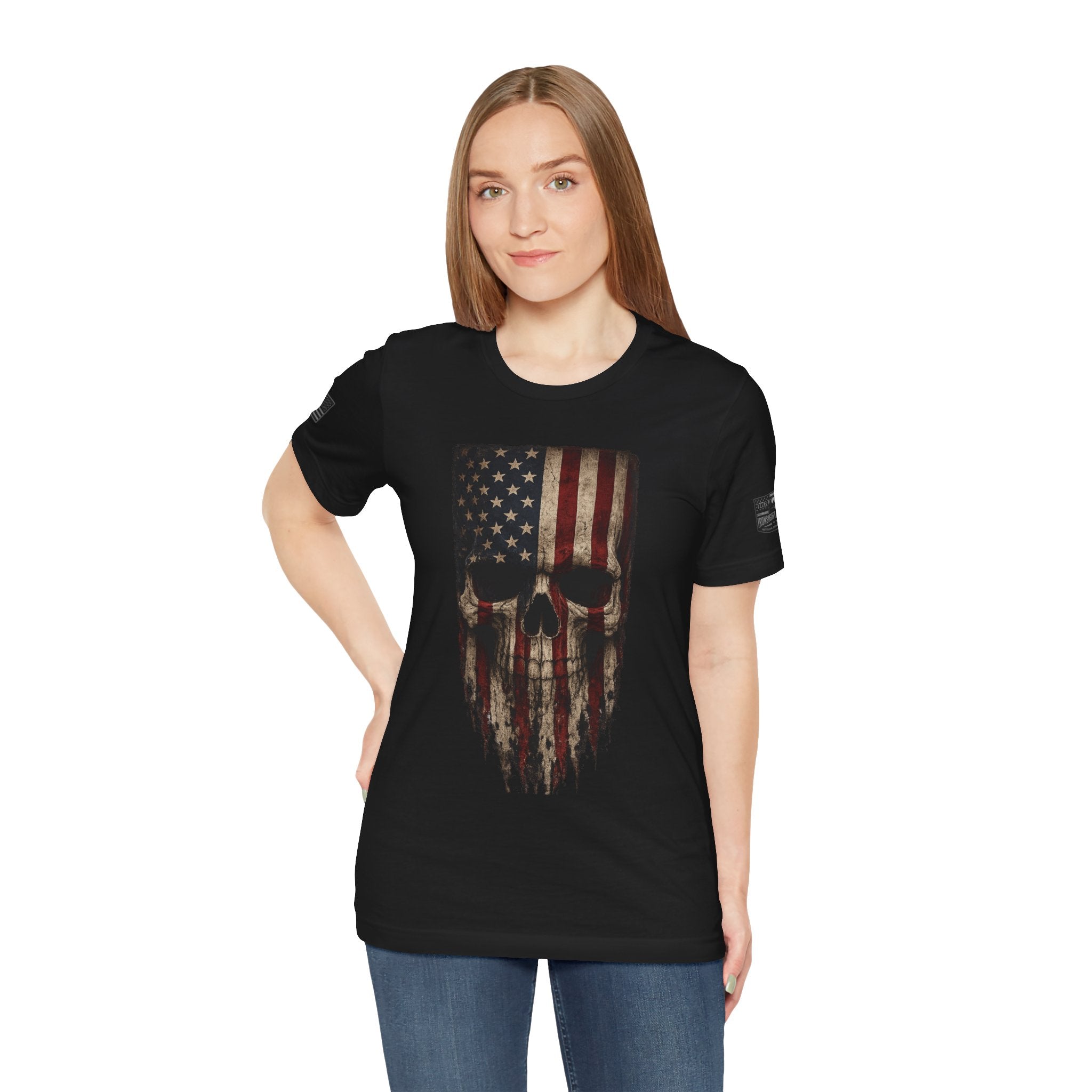 Patriotic American Flag Skull T-Shirt | Military Style Graphic Tee for Veterans & Patriots, Adult (13 and up), unisex