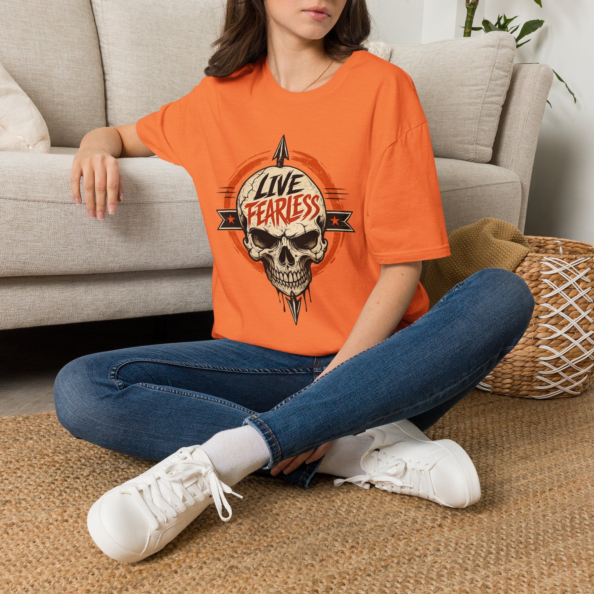 Live Fearless Skull Military T-Shirt (Front and Back) - Heather Orange | Ironsight Syndicate