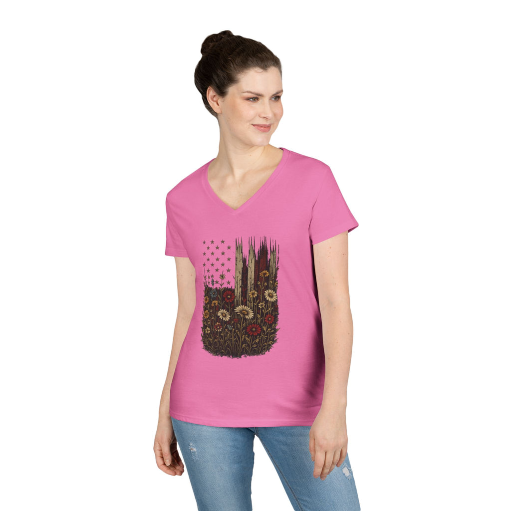 Wrapped in Old Glory-Ladies' V-Neck T-Shirt — Patriotic Sunflower Flag Graphic Tee
