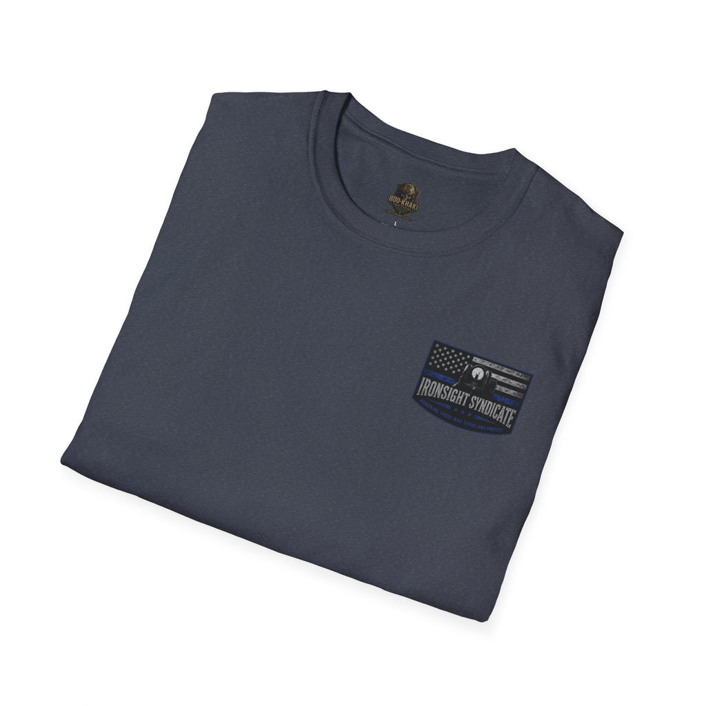 Thin Blue Line- In honor of our Brothers and Sisters in Blue T-Shirt | Patriotic Military Graphic Tee for Veterans & Patriots, Adult (13 and up), unisex