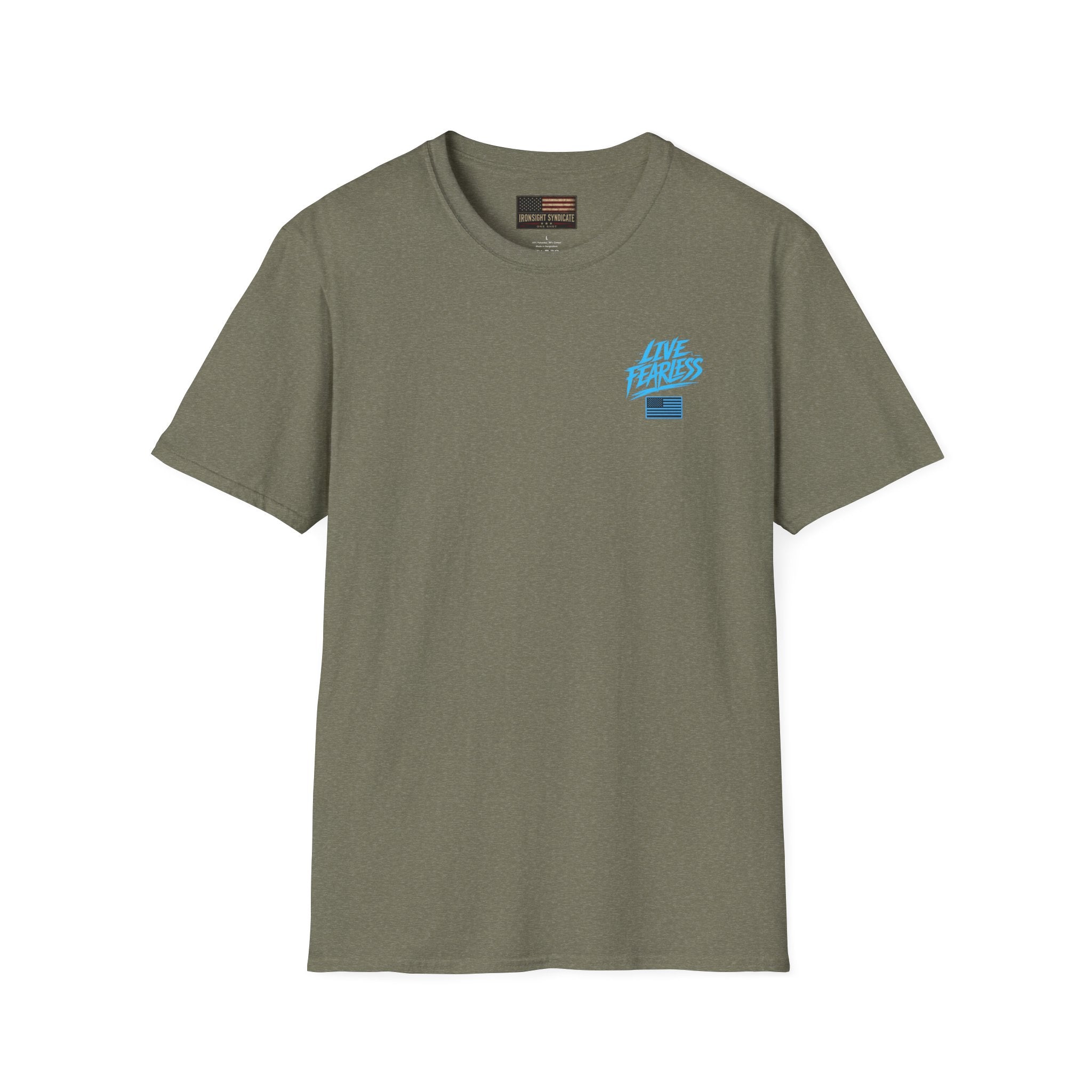 Live Fearless (Blue) Military-Inspired Graphic T-Shirt - Heather Military Green / S | Ironsight Syndicate