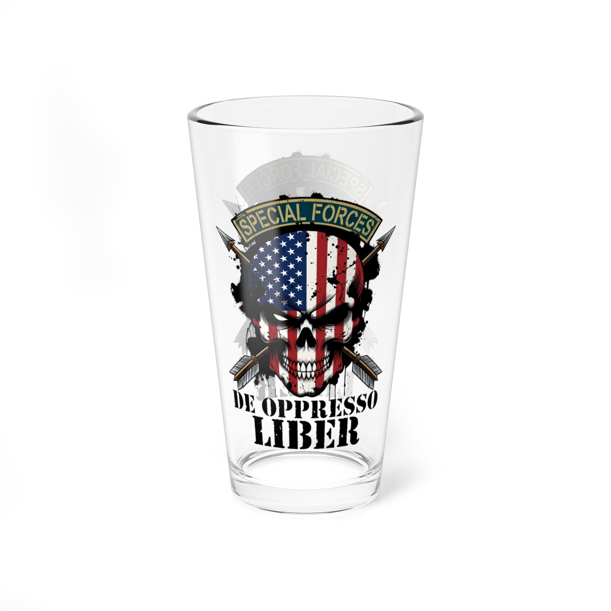 Special Forces Skull 16oz Mixing Glass — "De Oppresso Liber" Military Pint Glass