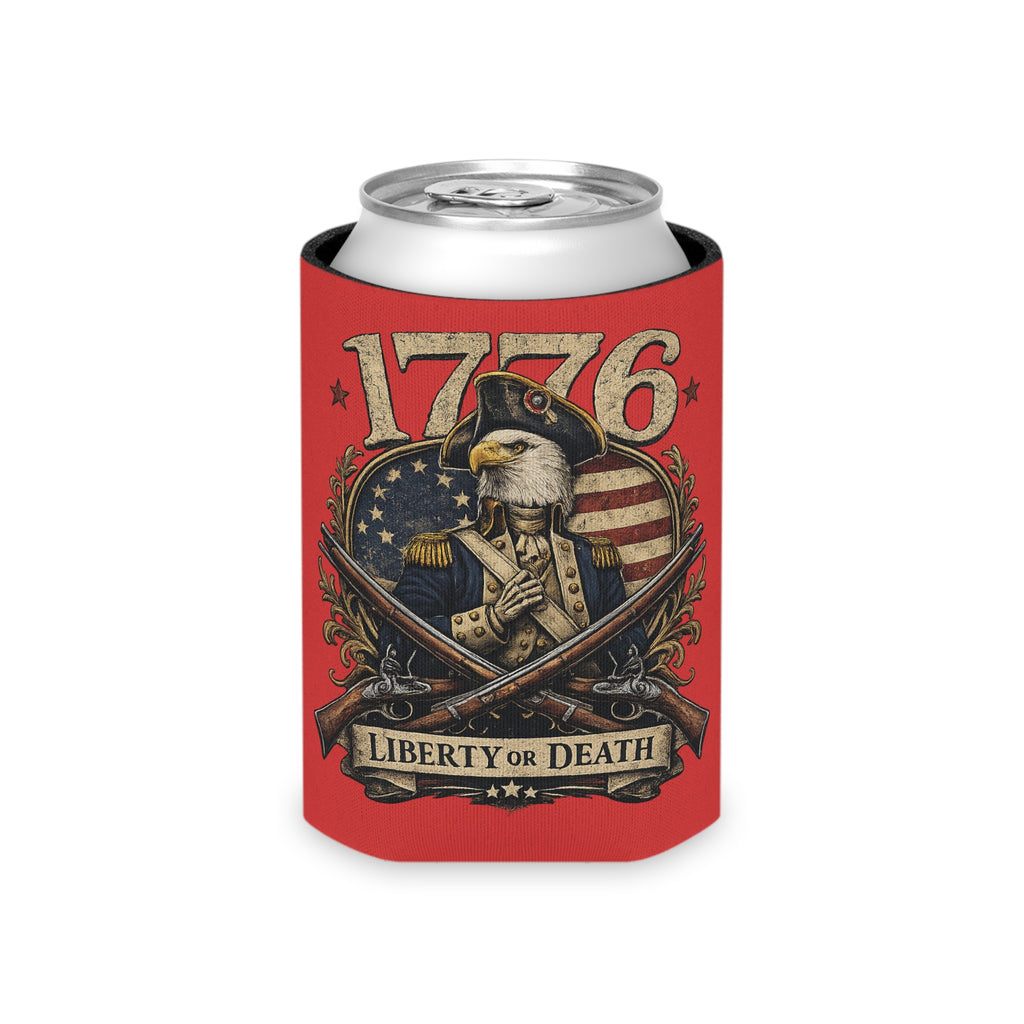 1776 Liberty or Death Patriotic Can Cooler | American Flag Skeleton Beer Koozie for Veterans & Patriots