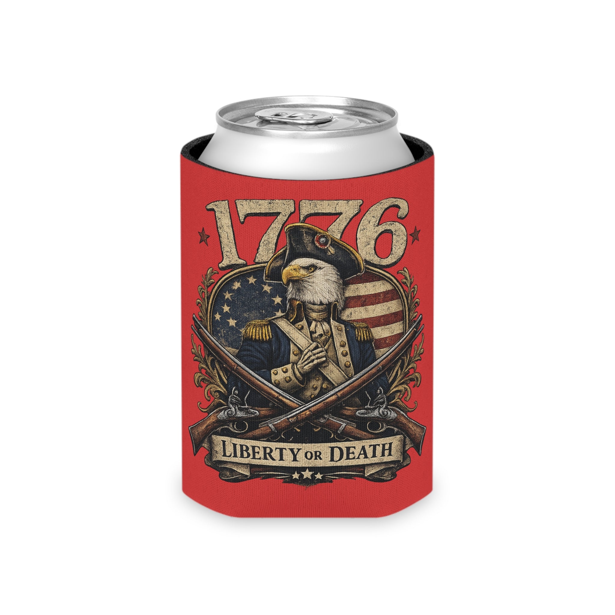 1776 Liberty or Death Patriotic Can Cooler | American Flag Skeleton Beer Koozie for Veterans & Patriots