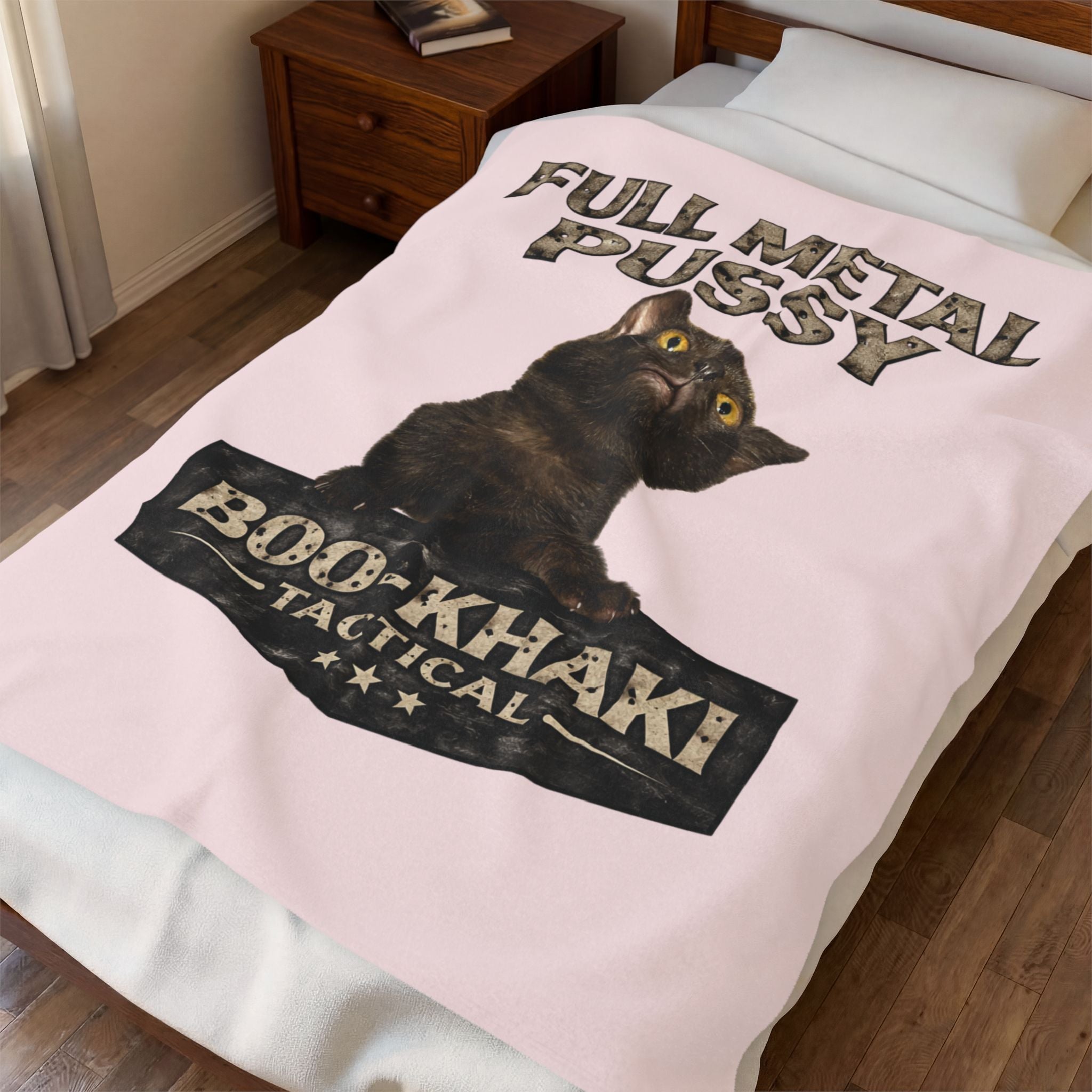 Velveteen Blanket – “Full Metal Pussy” (Cat) Boo-Khaki Tactical Dog Throw