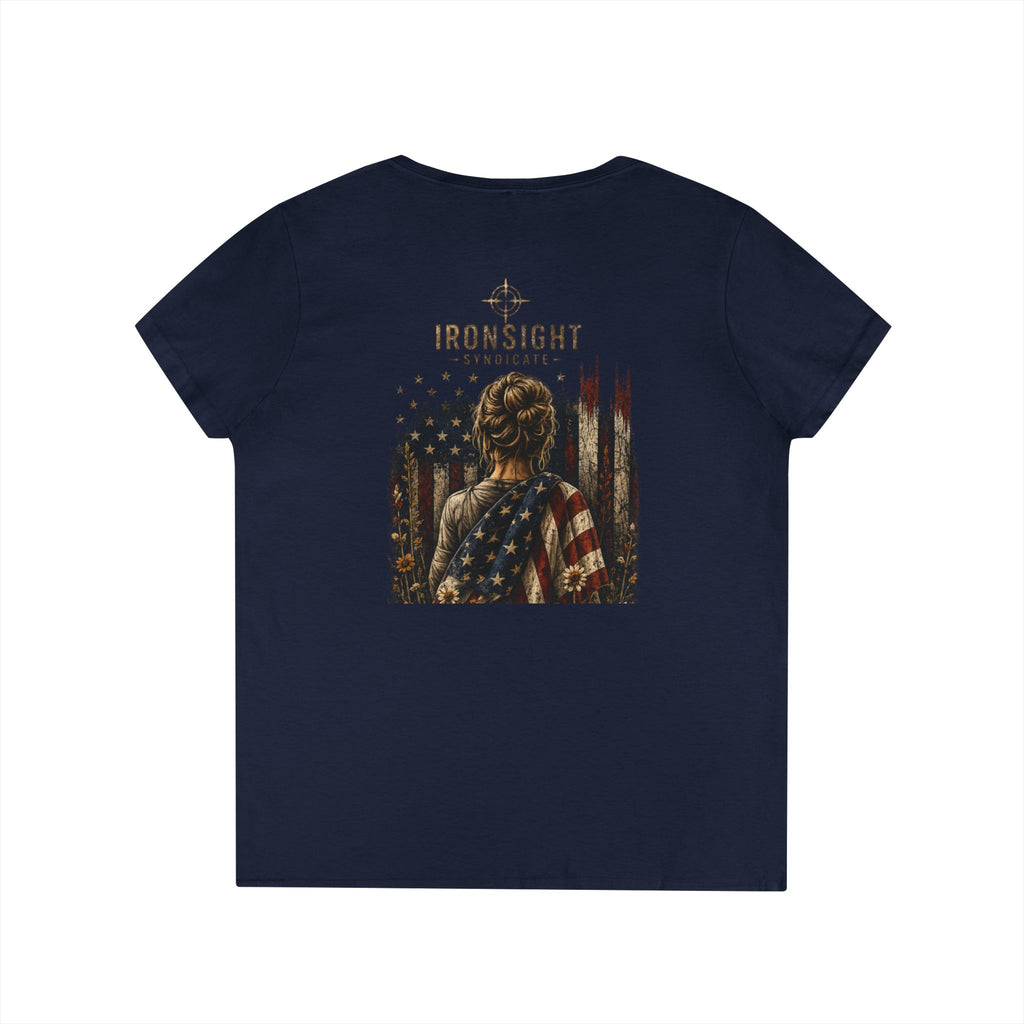 Wrapped in Old Glory-Ladies' V-Neck T-Shirt — Patriotic Sunflower Flag Graphic Tee