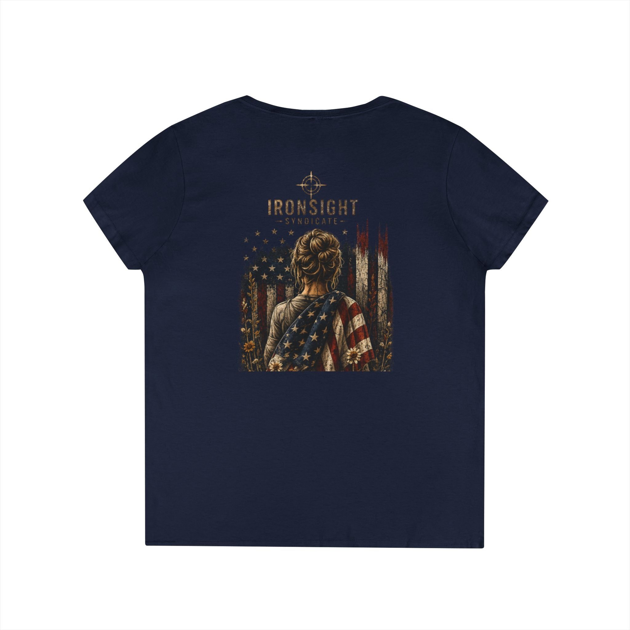 Wrapped in Old Glory-Ladies' V-Neck T-Shirt — Patriotic Sunflower Flag Graphic Tee