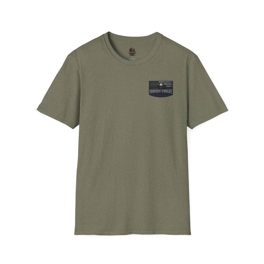 Thin Blue Line- In honor of our Brothers and Sisters in Blue T-Shirt | Patriotic Military Graphic Tee for Veterans & Patriots, Adult (13 and up), unisex