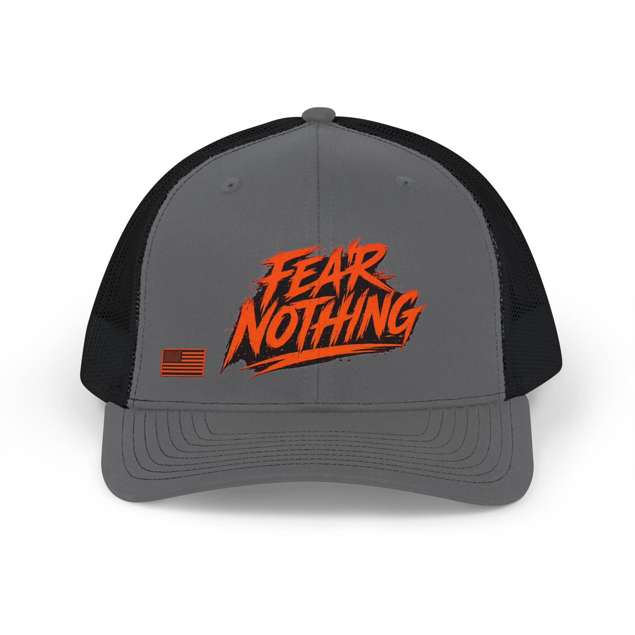 Fear Nothing Orange Trucker Hat - Charcoal / Black | Ironsight Syndicate