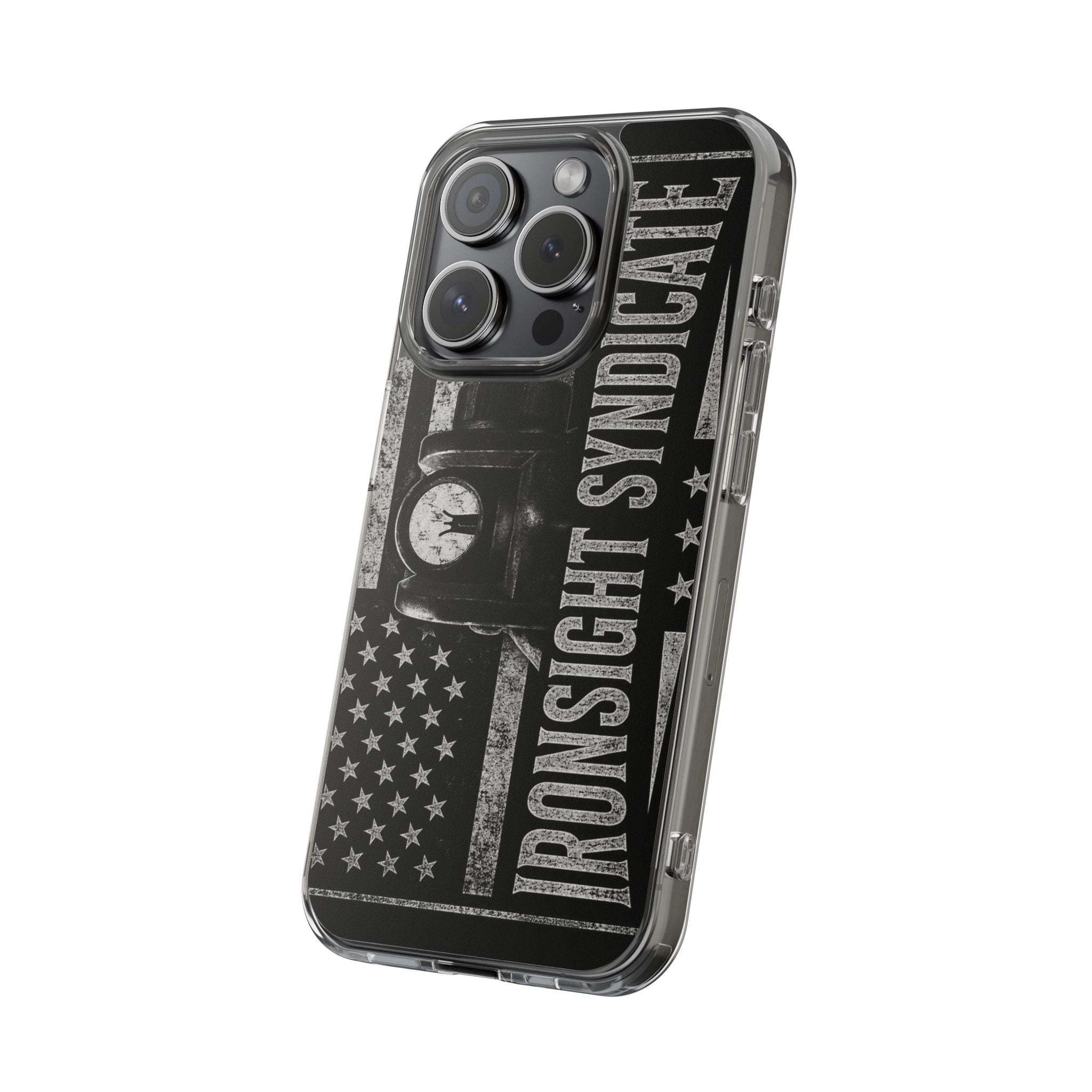 Clear Impact-Resistant Phone Case — "Ironsight Syndicate" Vintage Patriot Design