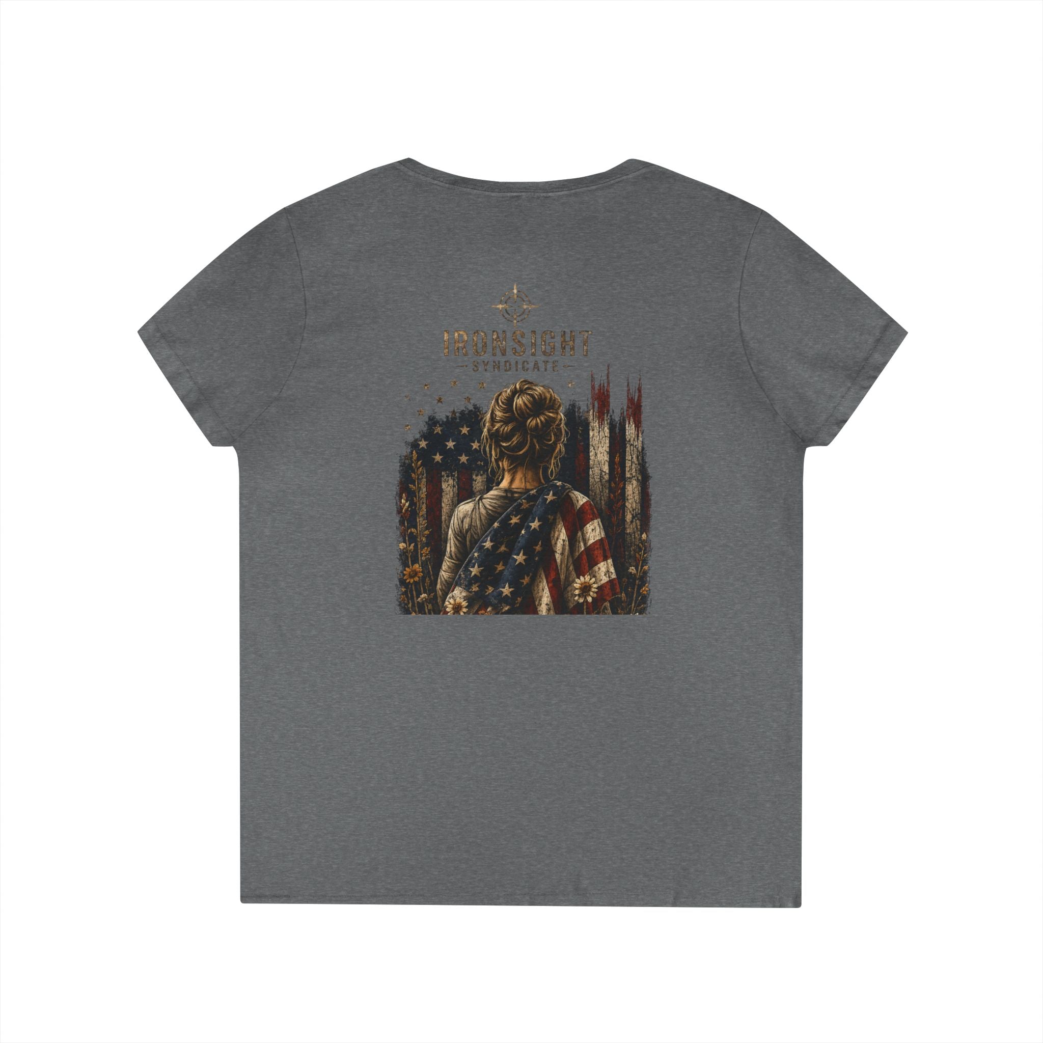 Wrapped in Old Glory-Ladies' V-Neck T-Shirt — Patriotic Sunflower Flag Graphic Tee