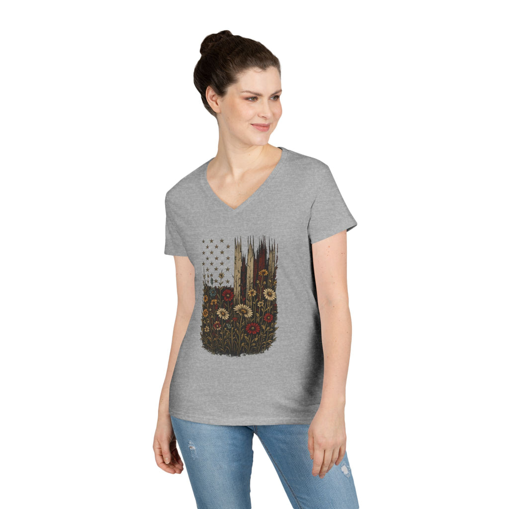 Wrapped in Old Glory-Ladies' V-Neck T-Shirt — Patriotic Sunflower Flag Graphic Tee