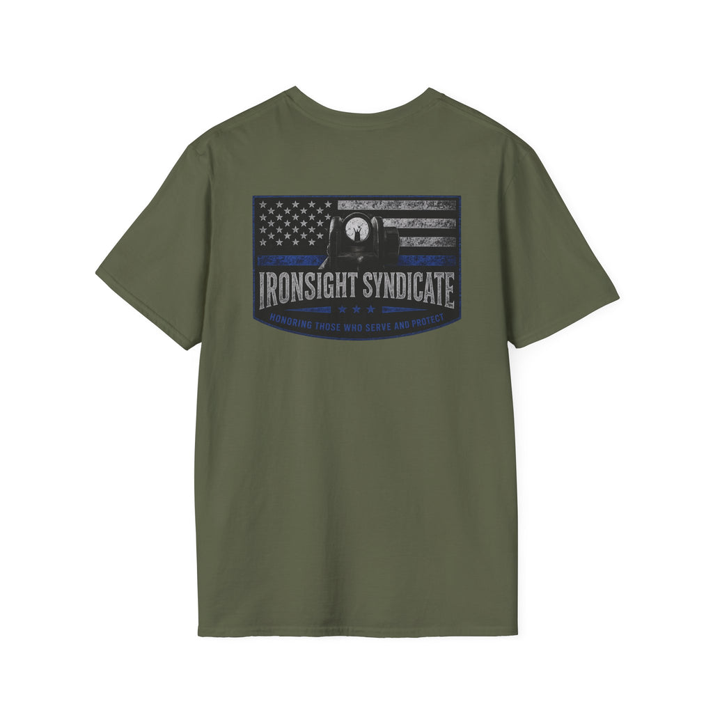Thin Blue Line- In honor of our Brothers and Sisters in Blue T-Shirt | Patriotic Military Graphic Tee for Veterans & Patriots, Adult (13 and up), unisex