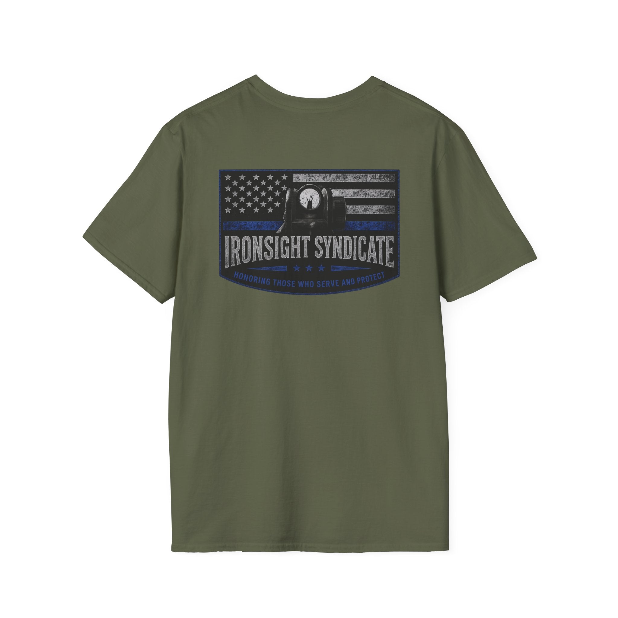 Thin Blue Line- In honor of our Brothers and Sisters in Blue T-Shirt | Patriotic Military Graphic Tee for Veterans & Patriots, Adult (13 and up), unisex