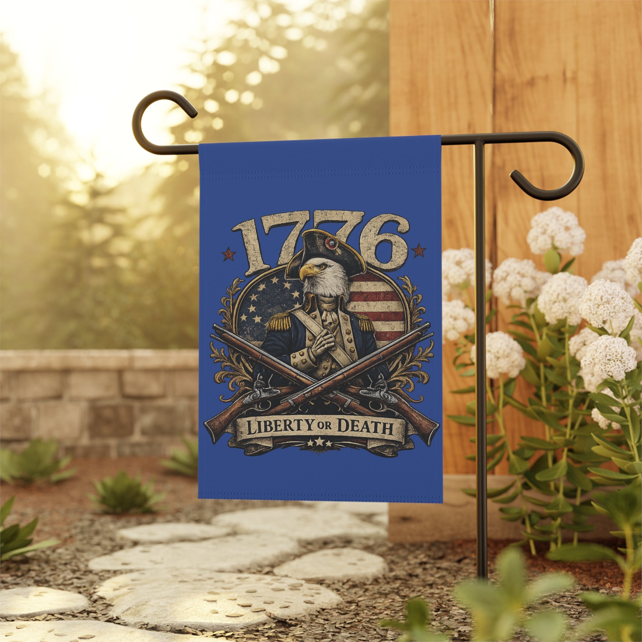 Eagle Blue 1776 Garden Flag – 'Liberty or Death' Eagle House Banner