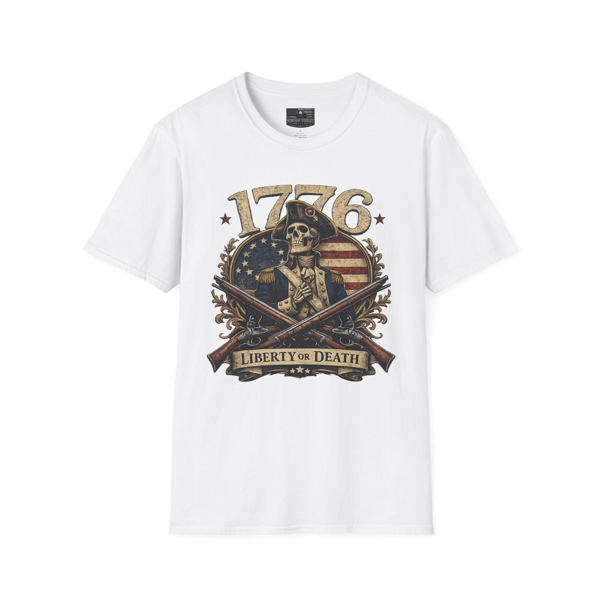 1776 Liberty or Death T-Shirt — Patriotic Revolutionary War Skull Tee