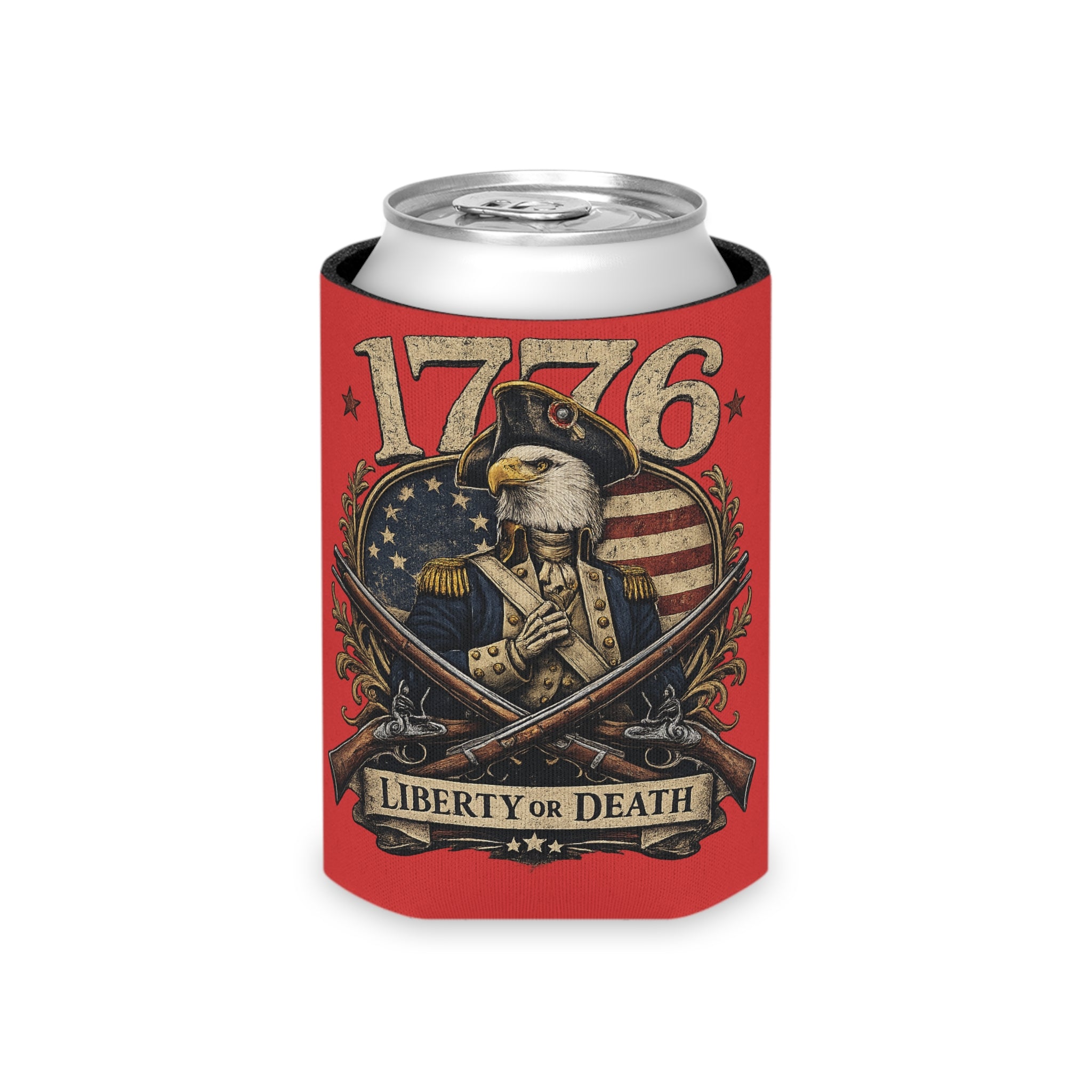 1776 Liberty or Death Patriotic Can Cooler | American Flag Skeleton Beer Koozie for Veterans & Patriots
