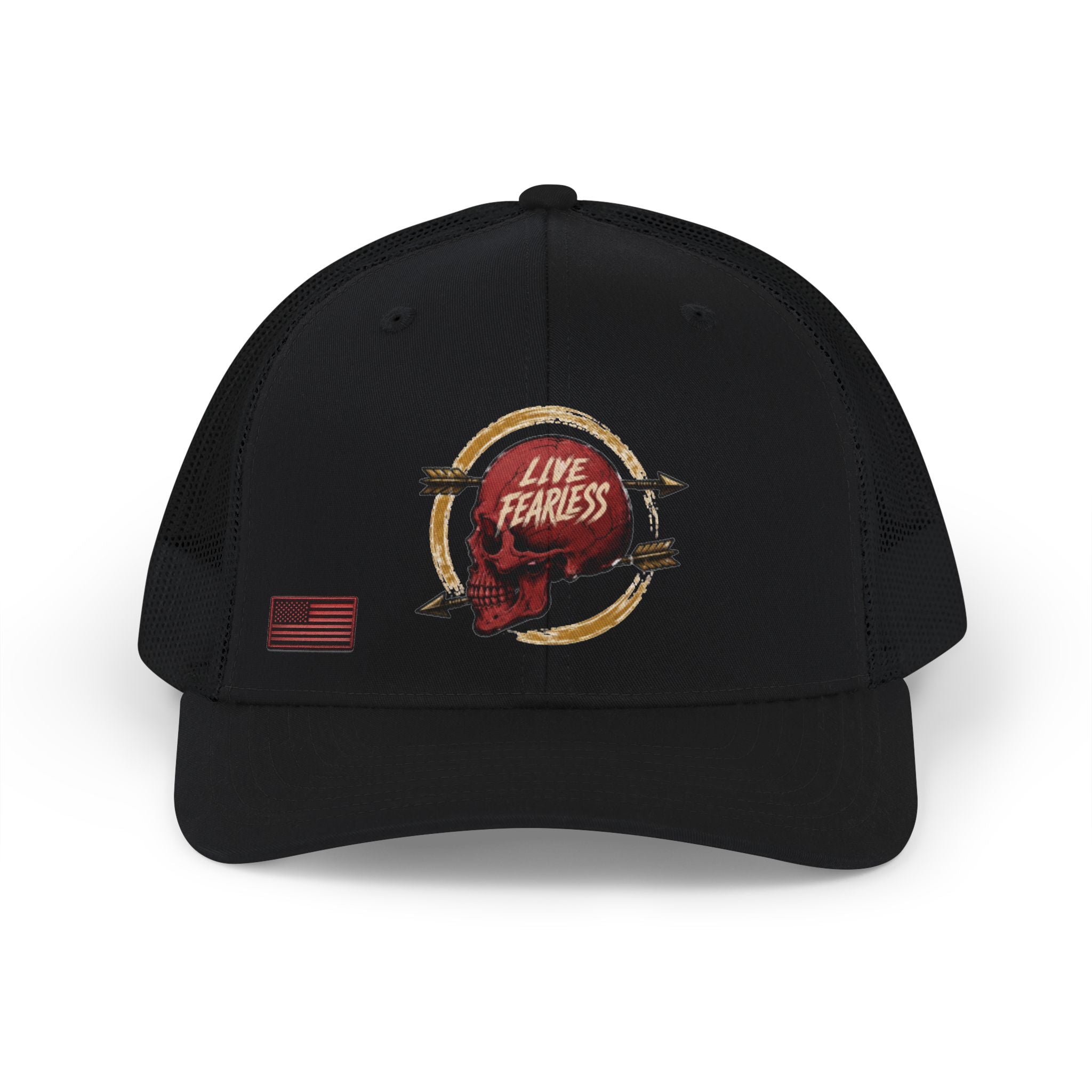 Live Fearless Red Skull Trucker Hat - Black / Black | Ironsight Syndicate