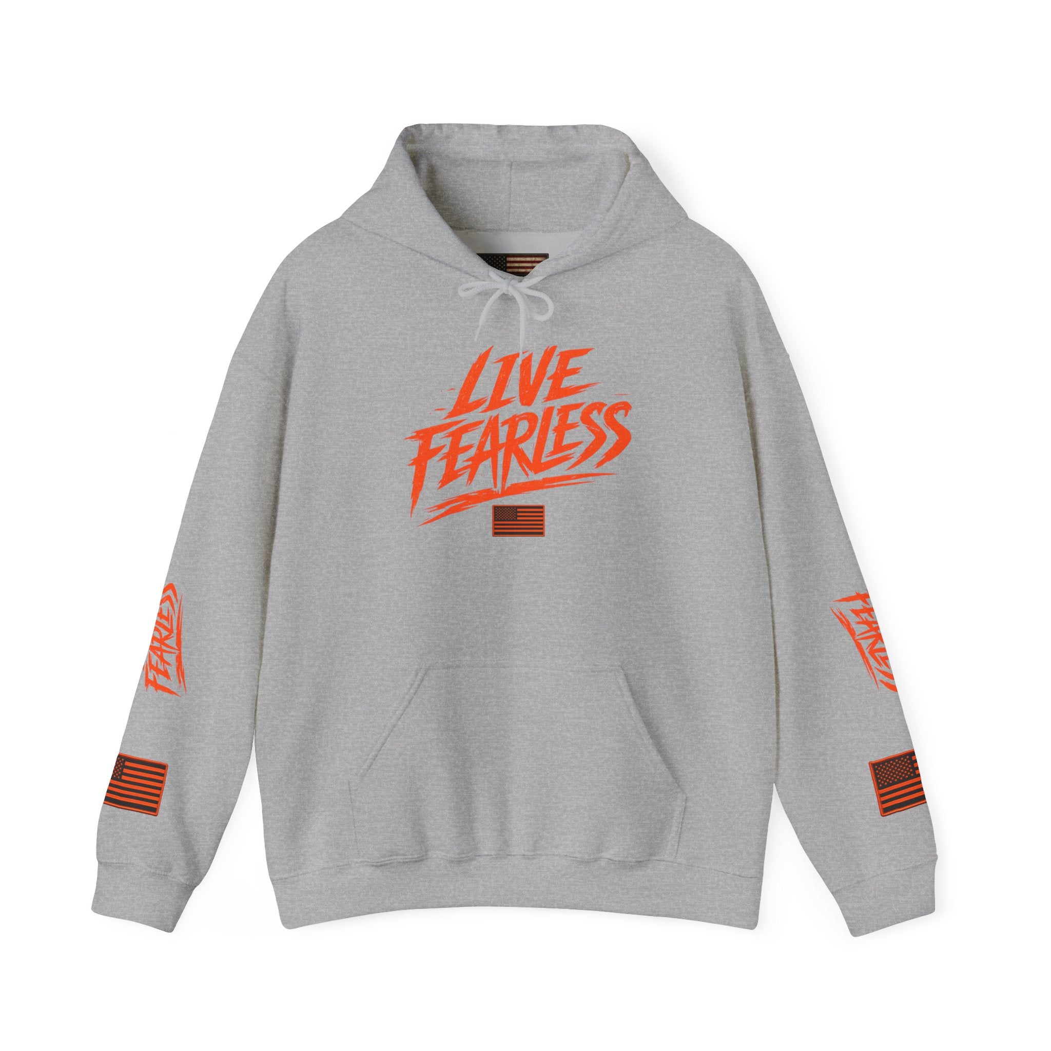 Live Fearless Hoodie (Orange)| Premium Heavy Weight-Military-Inspired Patriotic Hoodie - Sport Grey | Ironsight Syndicate