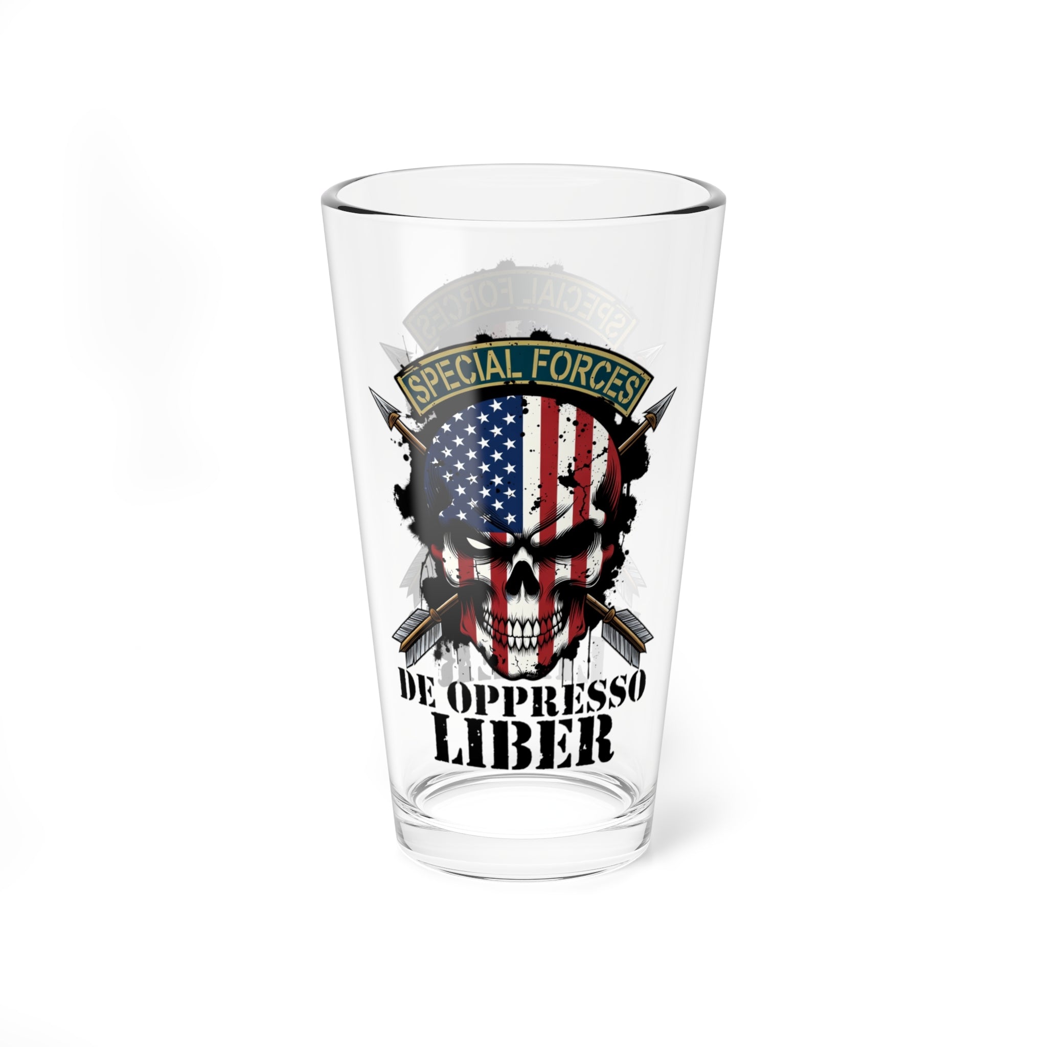 Special Forces Skull 16oz Mixing Glass — "De Oppresso Liber" Military Pint Glass