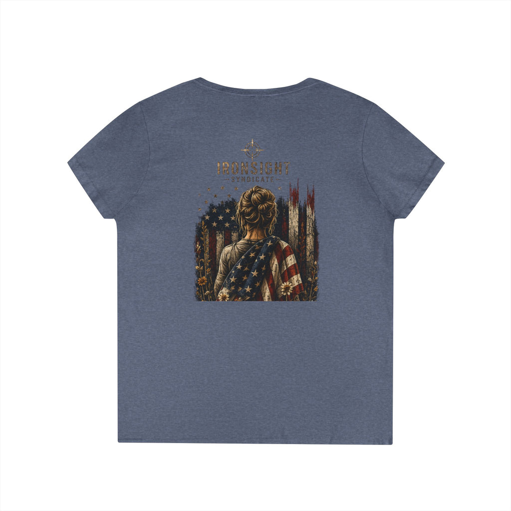 Wrapped in Old Glory-Ladies' V-Neck T-Shirt — Patriotic Sunflower Flag Graphic Tee