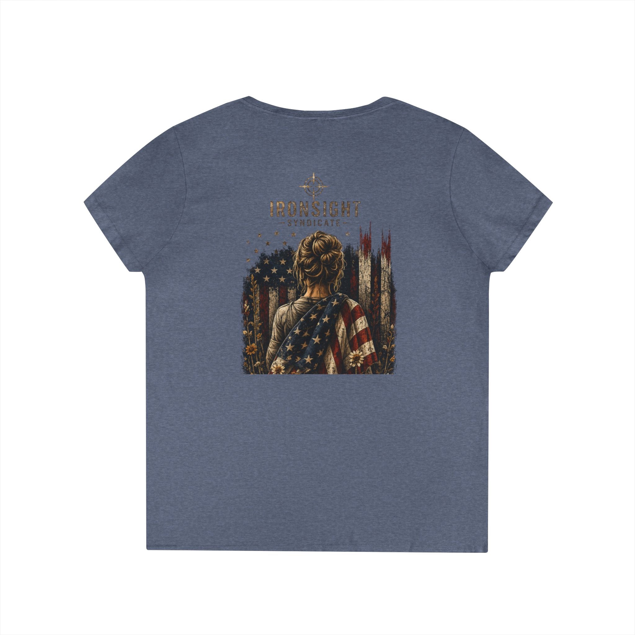 Wrapped in Old Glory-Ladies' V-Neck T-Shirt — Patriotic Sunflower Flag Graphic Tee