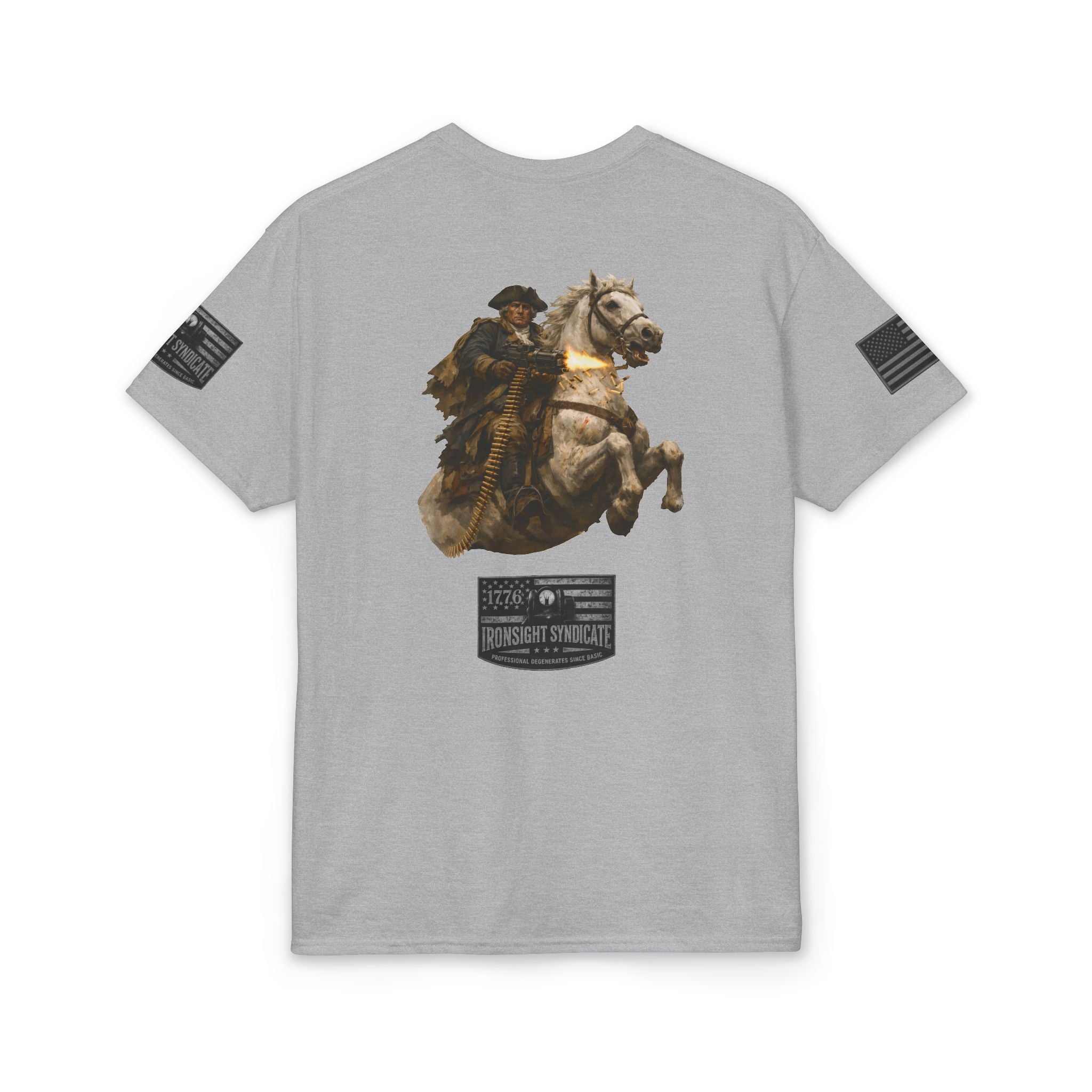 Machine gun George Washington  T-Shirt | Patriotic Military Graphic Tee for Veterans & Patriots, Adult (13 and up), unisex