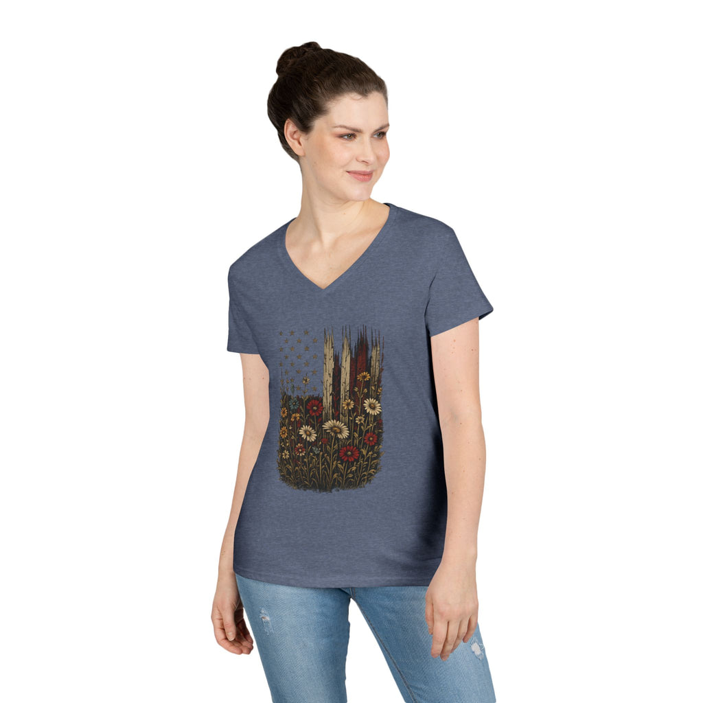 Wrapped in Old Glory-Ladies' V-Neck T-Shirt — Patriotic Sunflower Flag Graphic Tee