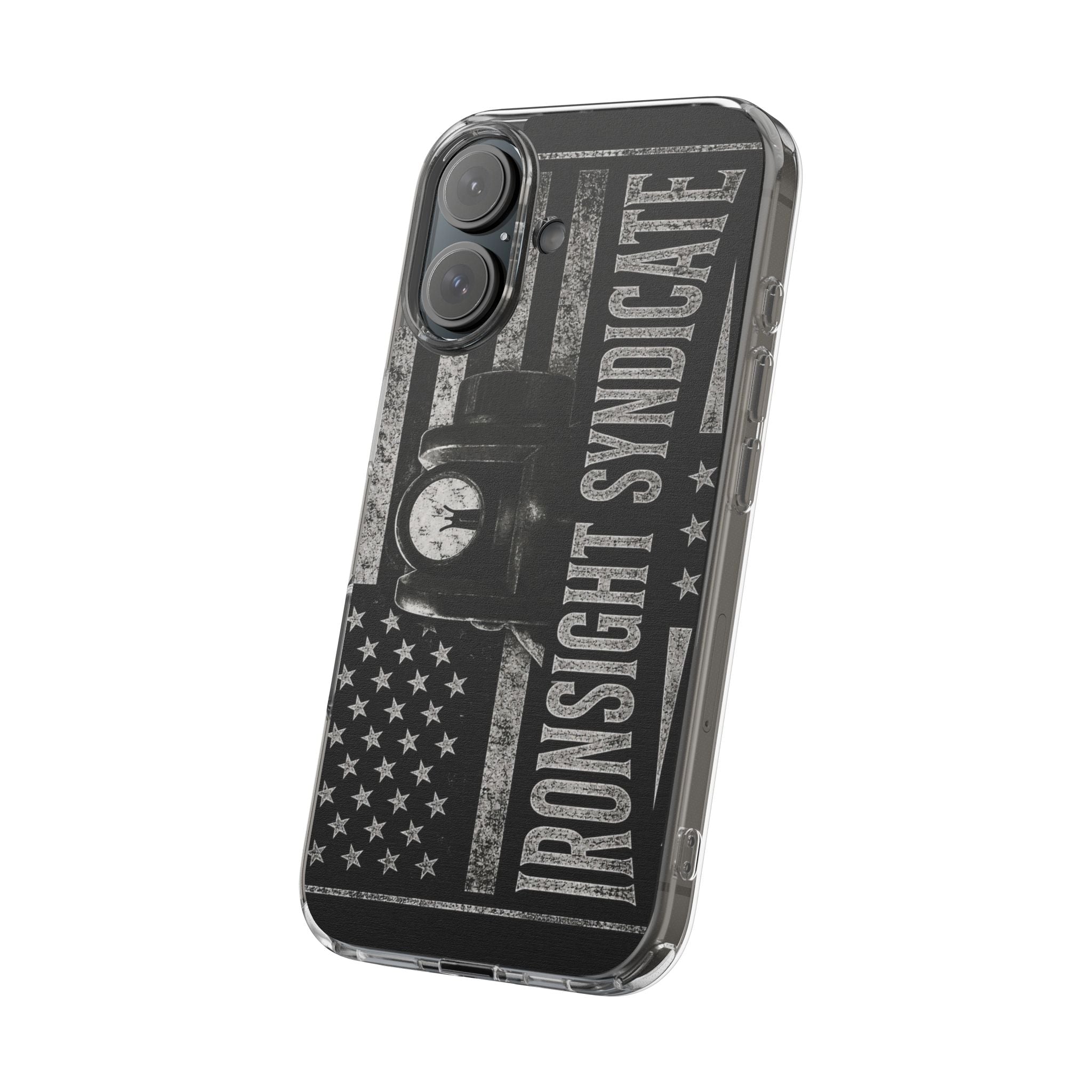Clear Impact-Resistant Phone Case — "Ironsight Syndicate" Vintage Patriot Design