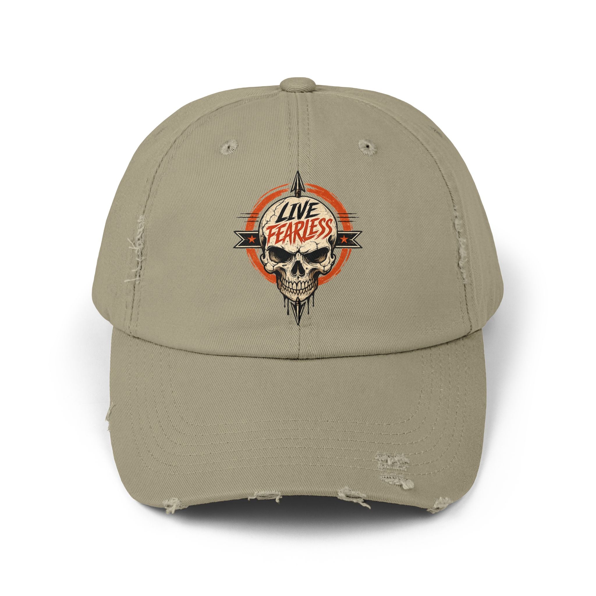 Live Fearless Distressed Cap — Vintage Skull Baseball Hat - Light Olive | Ironsight Syndicate