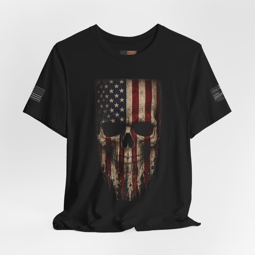 Patriotic American Flag Skull T-Shirt | Military Style Graphic Tee for Veterans & Patriots, Adult (13 and up), unisex
