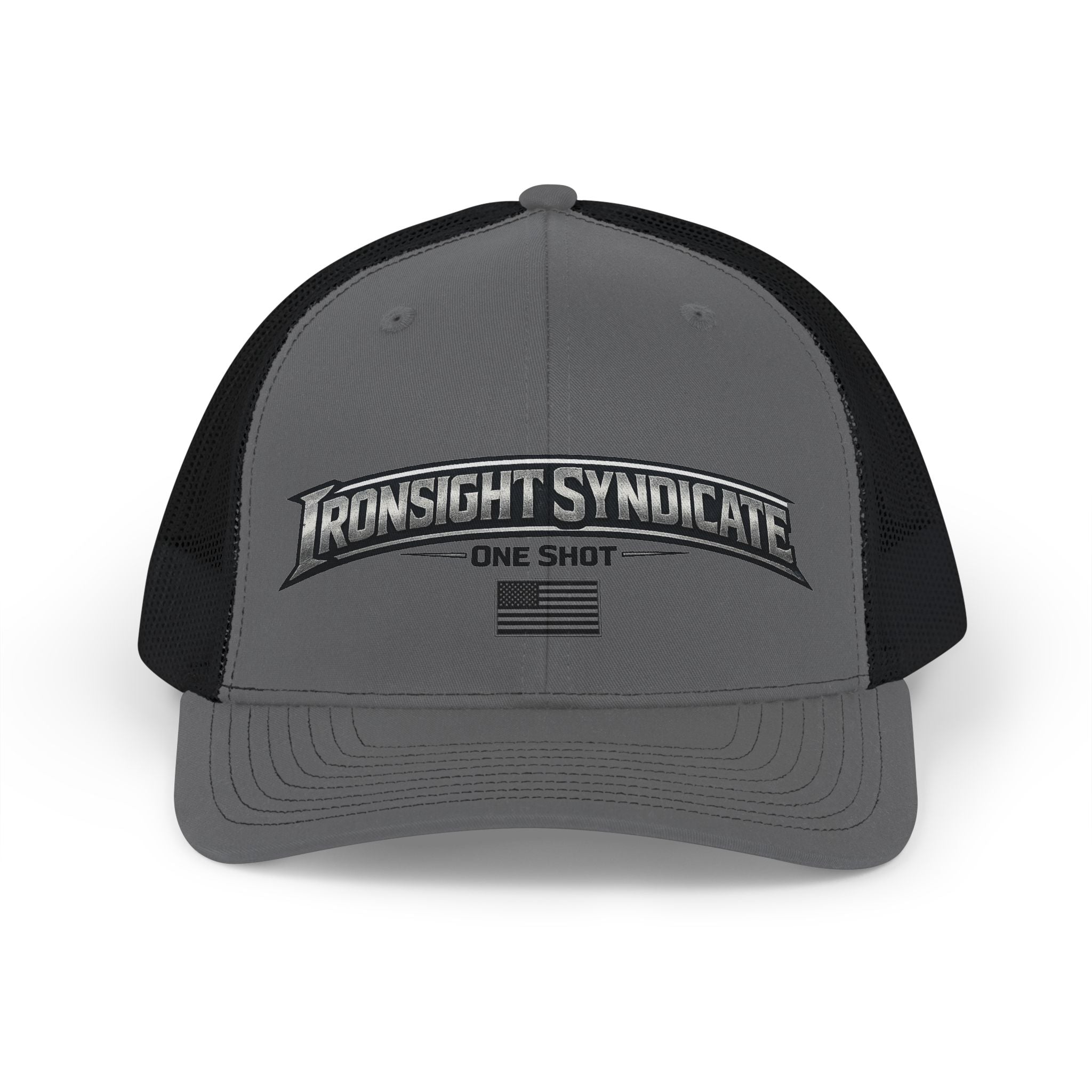 Ironsight Syndicate Snapback Hat - One Shot Trucker Cap - Charcoal / Black | Ironsight Syndicate