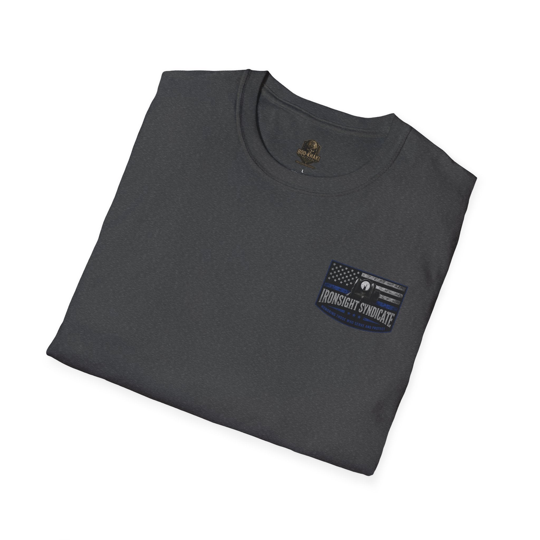 Thin Blue Line- In honor of our Brothers and Sisters in Blue T-Shirt | Patriotic Military Graphic Tee for Veterans & Patriots, Adult (13 and up), unisex