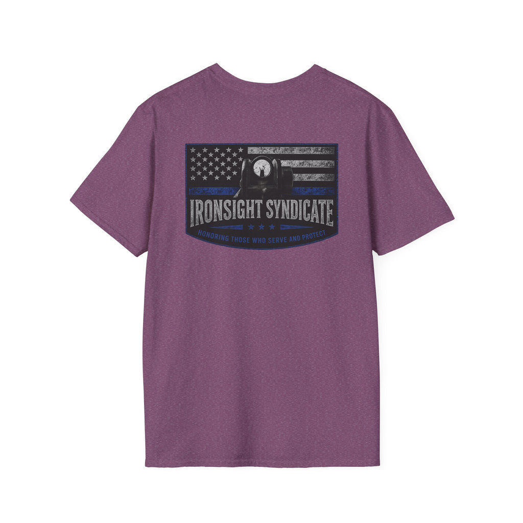 Thin Blue Line- In honor of our Brothers and Sisters in Blue T-Shirt | Patriotic Military Graphic Tee for Veterans & Patriots, Adult (13 and up), unisex