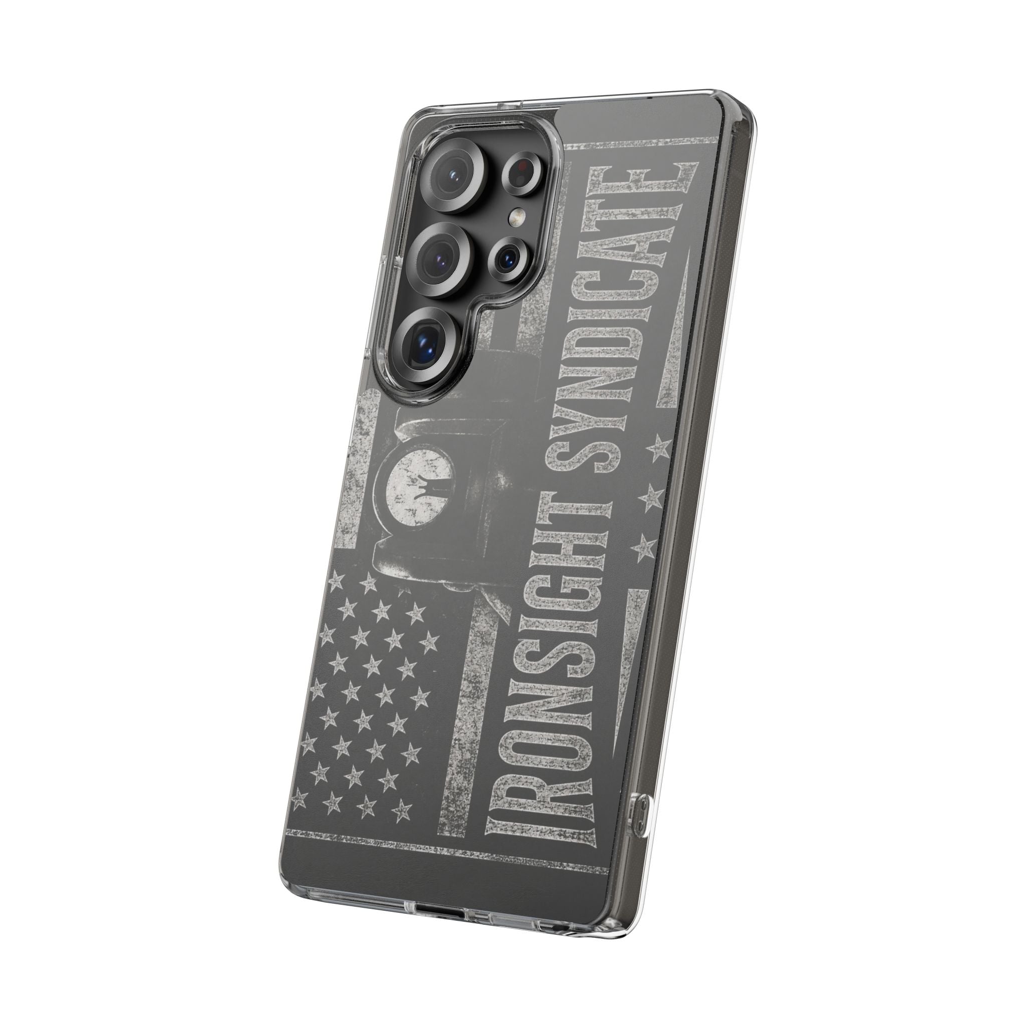 Clear Impact-Resistant Phone Case — "Ironsight Syndicate" Vintage Patriot Design