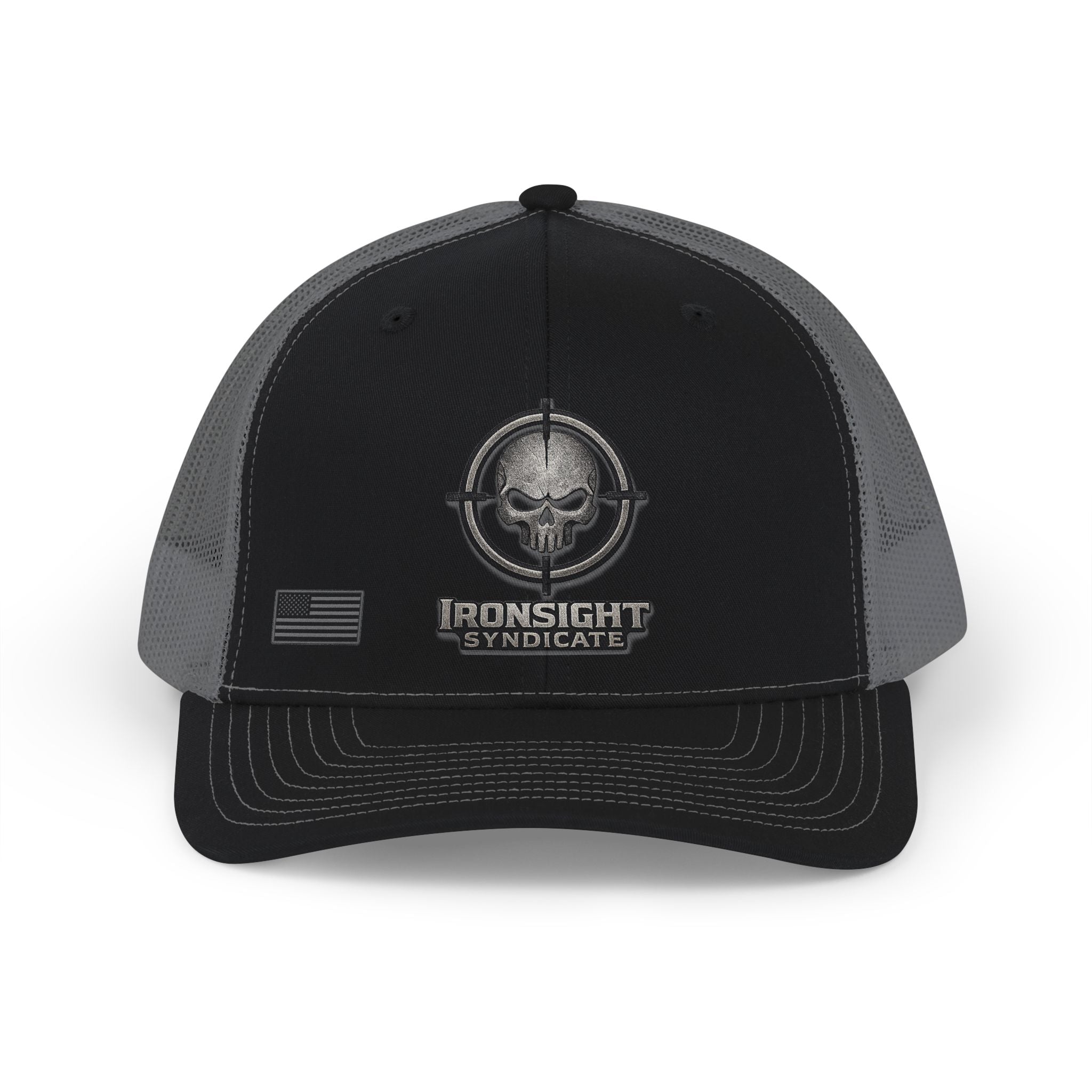 Ironsight Syndicate Tactical Skull Trucker Cap - Black / Charcoal | Ironsight Syndicate