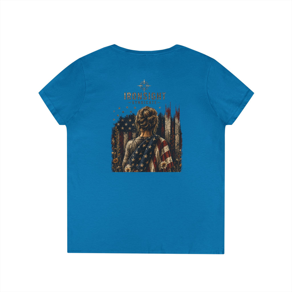 Wrapped in Old Glory-Ladies' V-Neck T-Shirt — Patriotic Sunflower Flag Graphic Tee