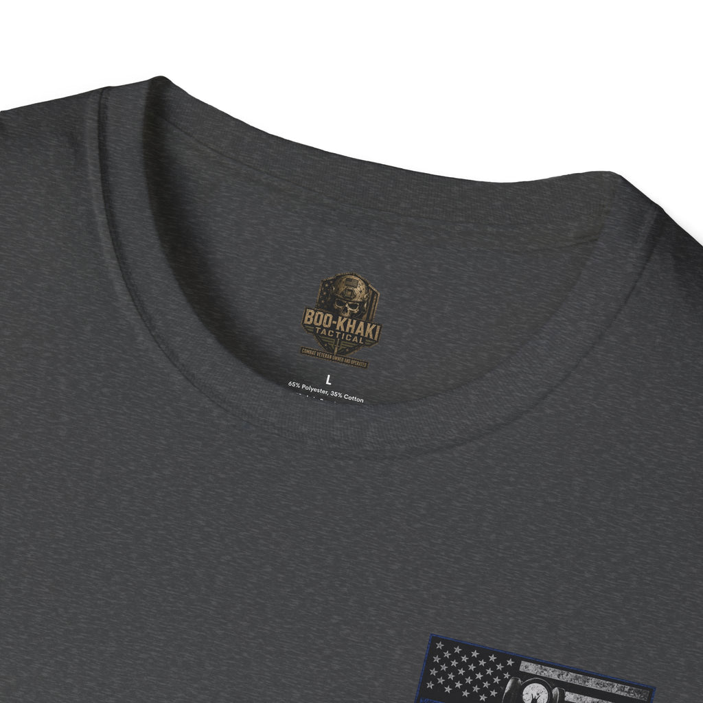 Thin Blue Line- In honor of our Brothers and Sisters in Blue T-Shirt | Patriotic Military Graphic Tee for Veterans & Patriots, Adult (13 and up), unisex