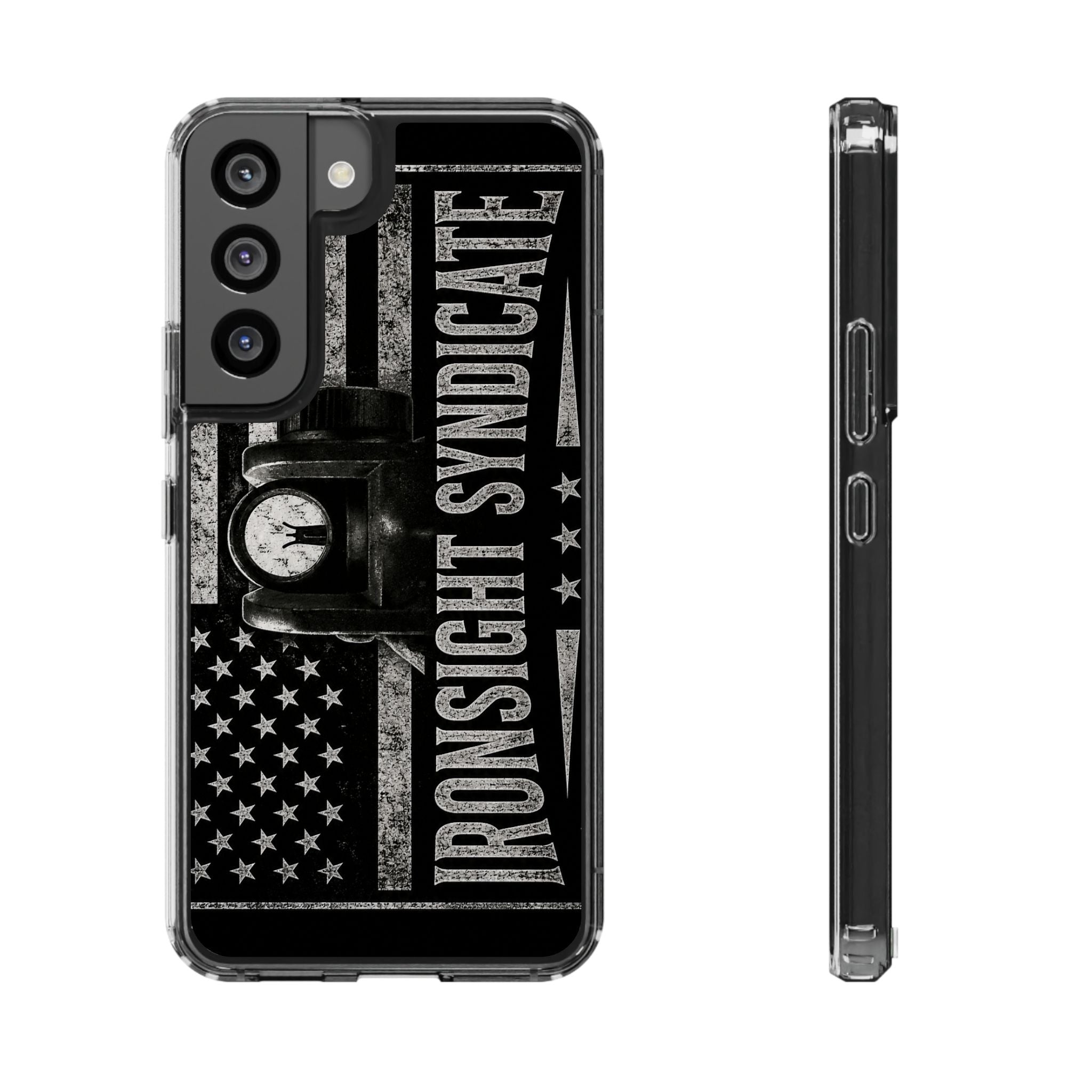 Clear Impact-Resistant Phone Case — "Ironsight Syndicate" Vintage Patriot Design