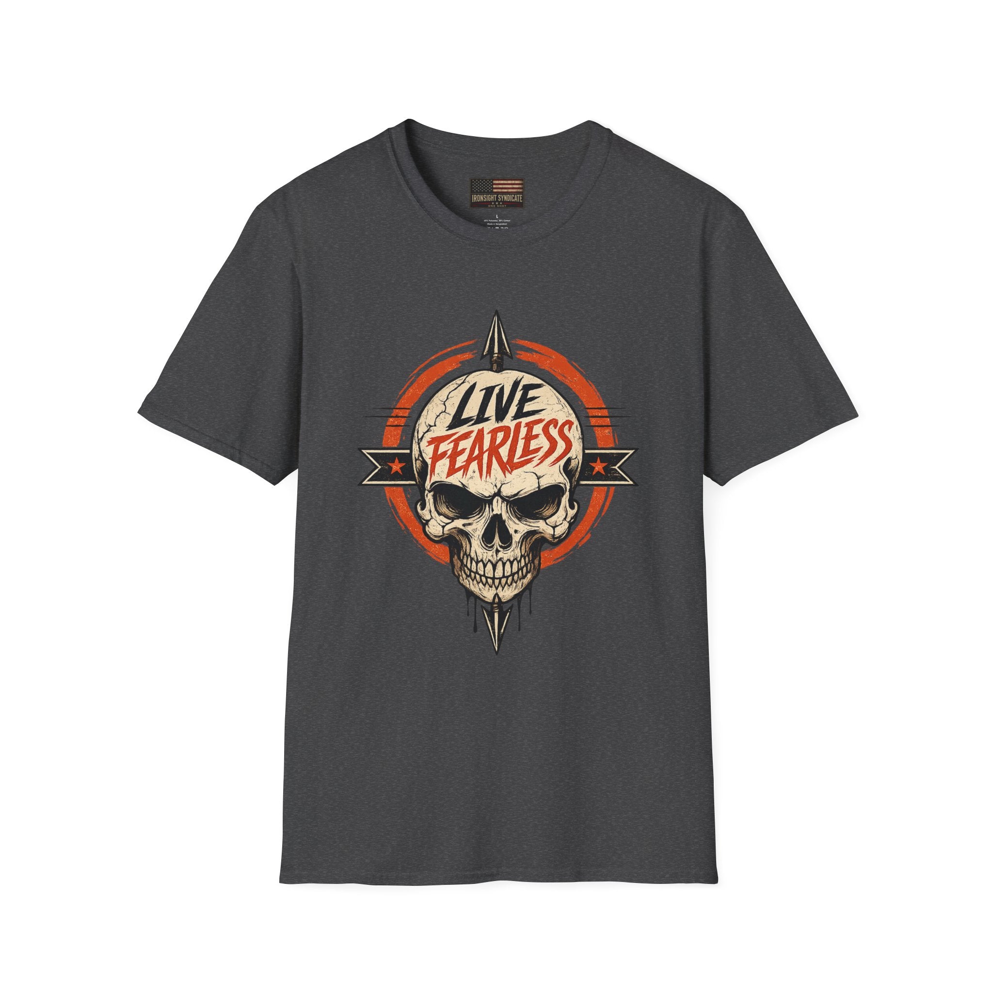 Live Fearless Skull Military T-Shirt (Front and Back) - Dark Heather | Ironsight Syndicate