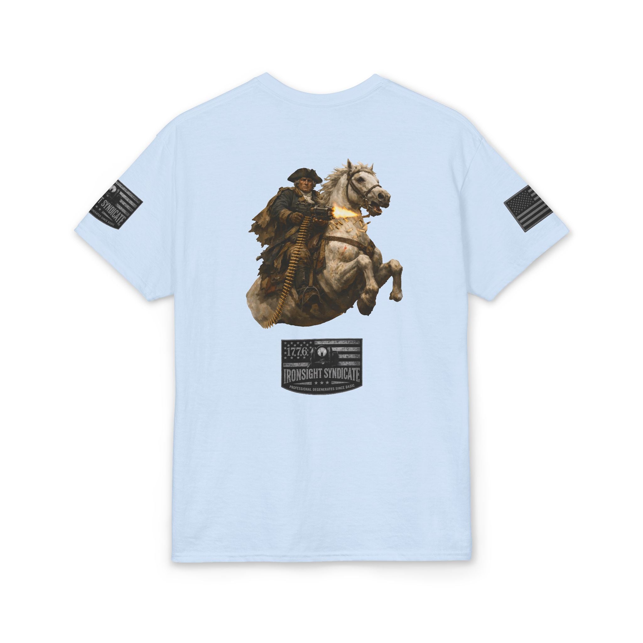 Machine gun George Washington  T-Shirt | Patriotic Military Graphic Tee for Veterans & Patriots, Adult (13 and up), unisex
