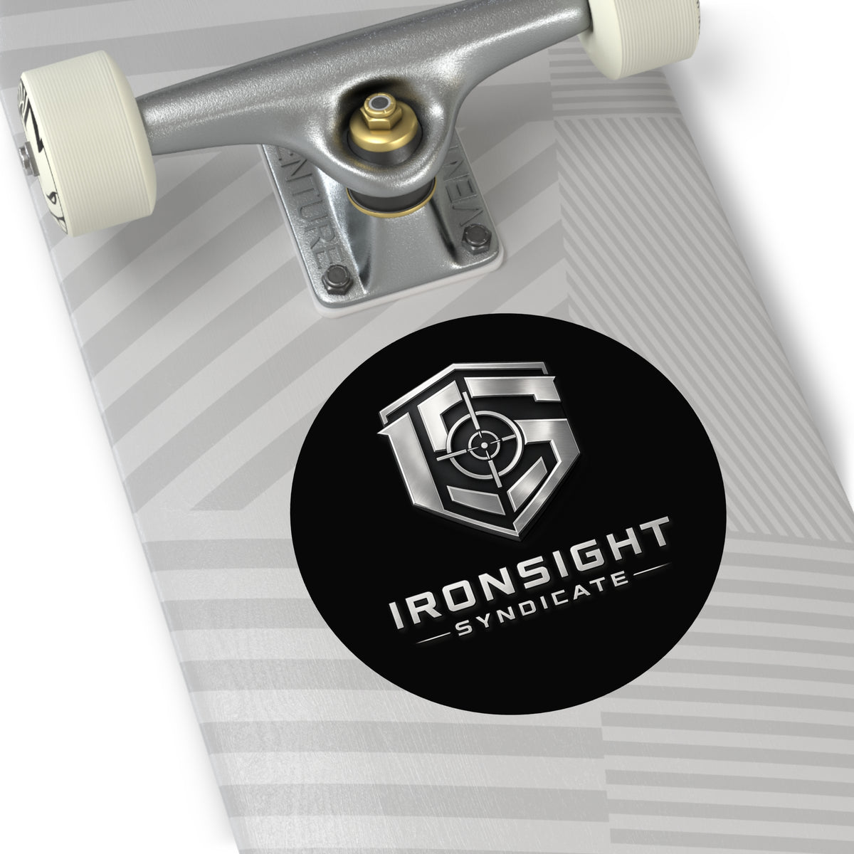 Ironsight Syndicate Round Vinyl Sticker — Metallic Logo Decal - Applied Mockup | Ironsight Syndicate