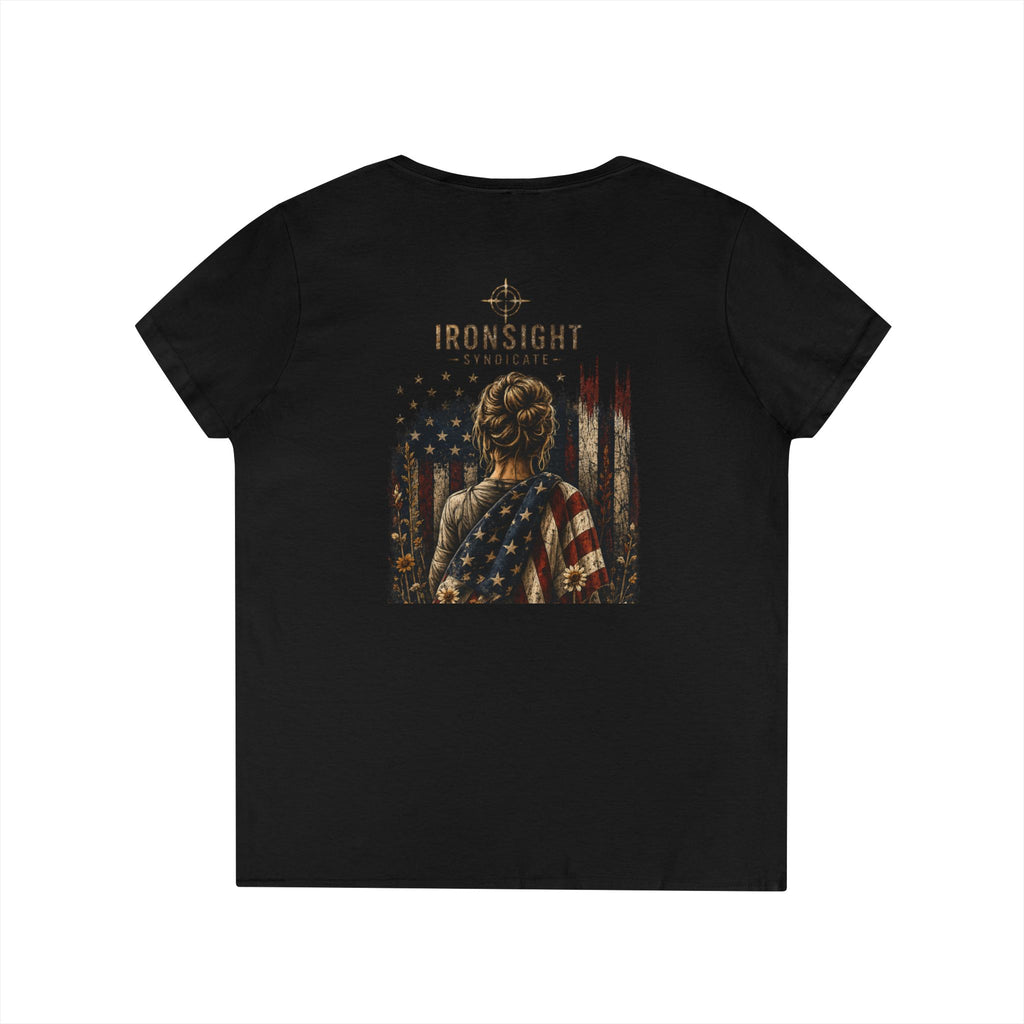 Wrapped in Old Glory-Ladies' V-Neck T-Shirt — Patriotic Sunflower Flag Graphic Tee