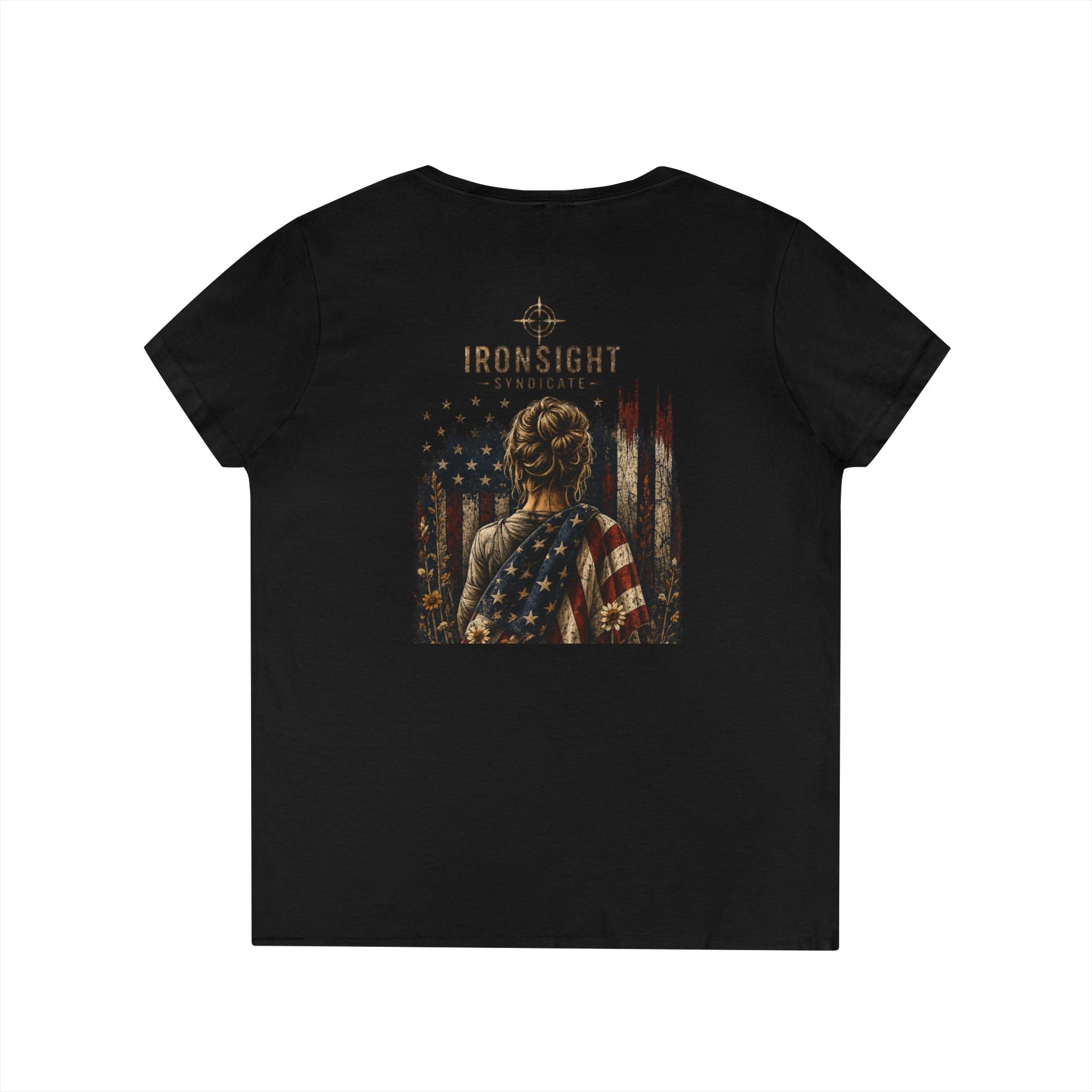 Wrapped in Old Glory-Ladies' V-Neck T-Shirt — Patriotic Sunflower Flag Graphic Tee