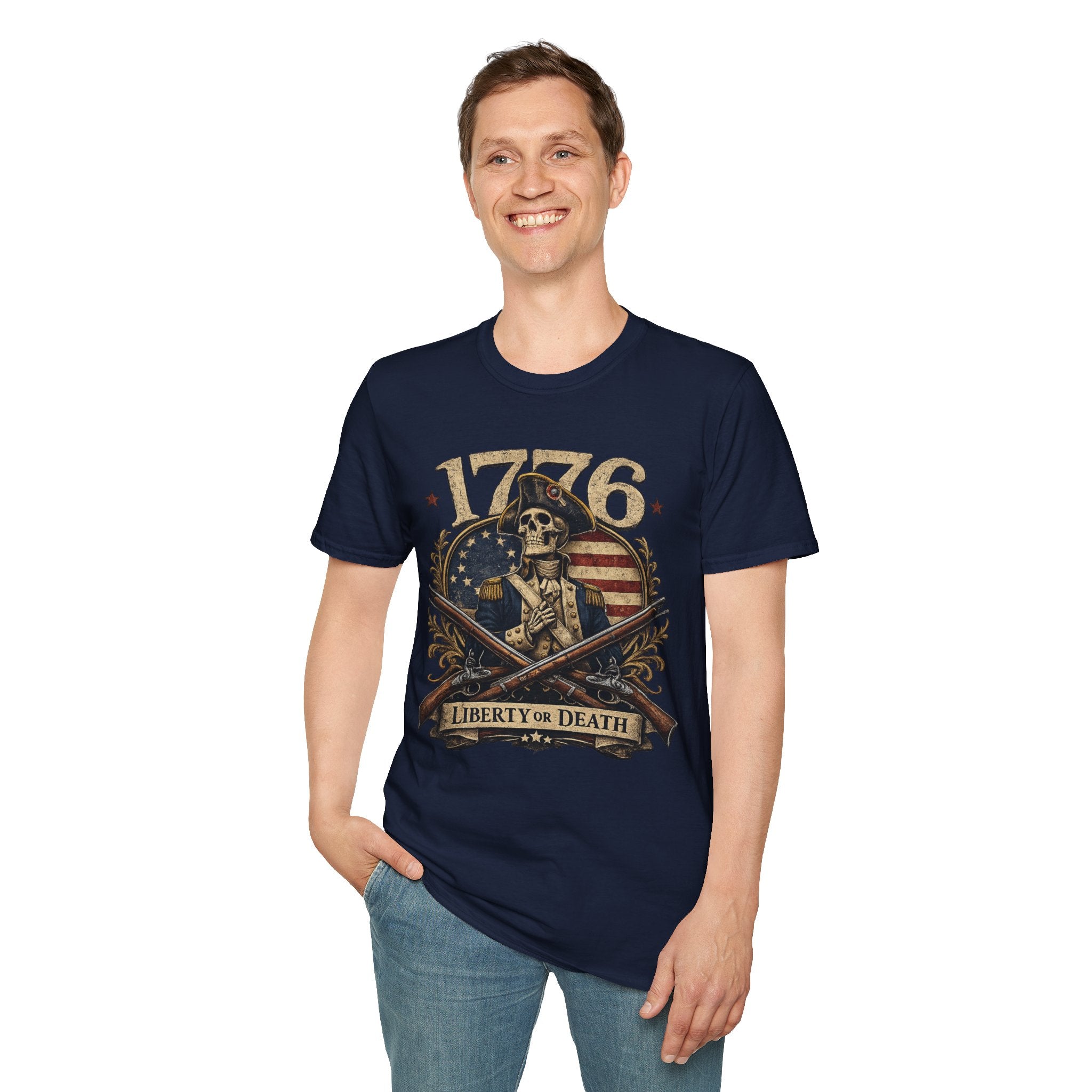 1776 Liberty or Death T-Shirt — Patriotic Revolutionary War Skull Tee