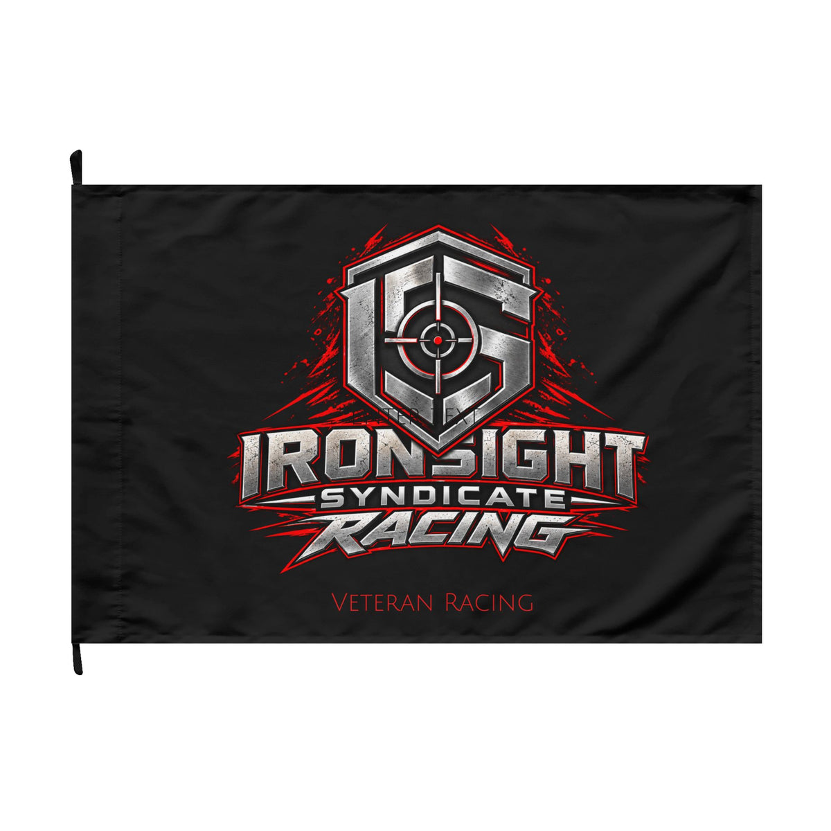Ironsight Syndicate Racing double-sided flag, chrome and red Racing shield with Veteran Racing on black, front, 36 x 24 inch