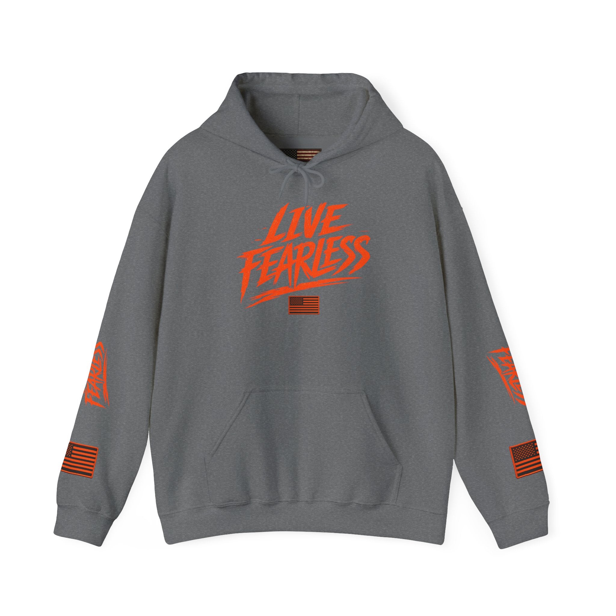 Live Fearless Hoodie (Orange)| Premium Heavy Weight-Military-Inspired Patriotic Hoodie - Graphite Heather | Ironsight Syndicate