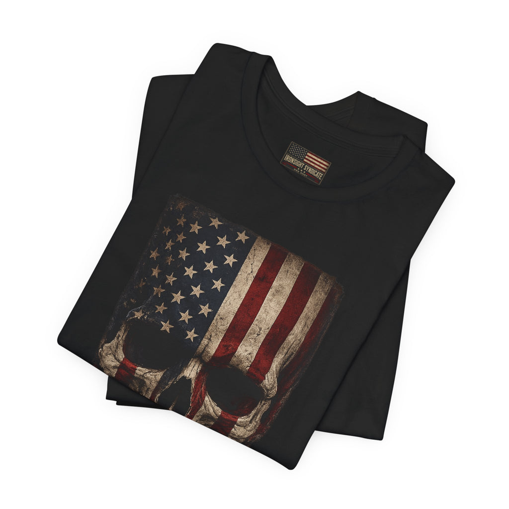 Patriotic American Flag Skull T-Shirt | Military Style Graphic Tee for Veterans & Patriots, Adult (13 and up), unisex