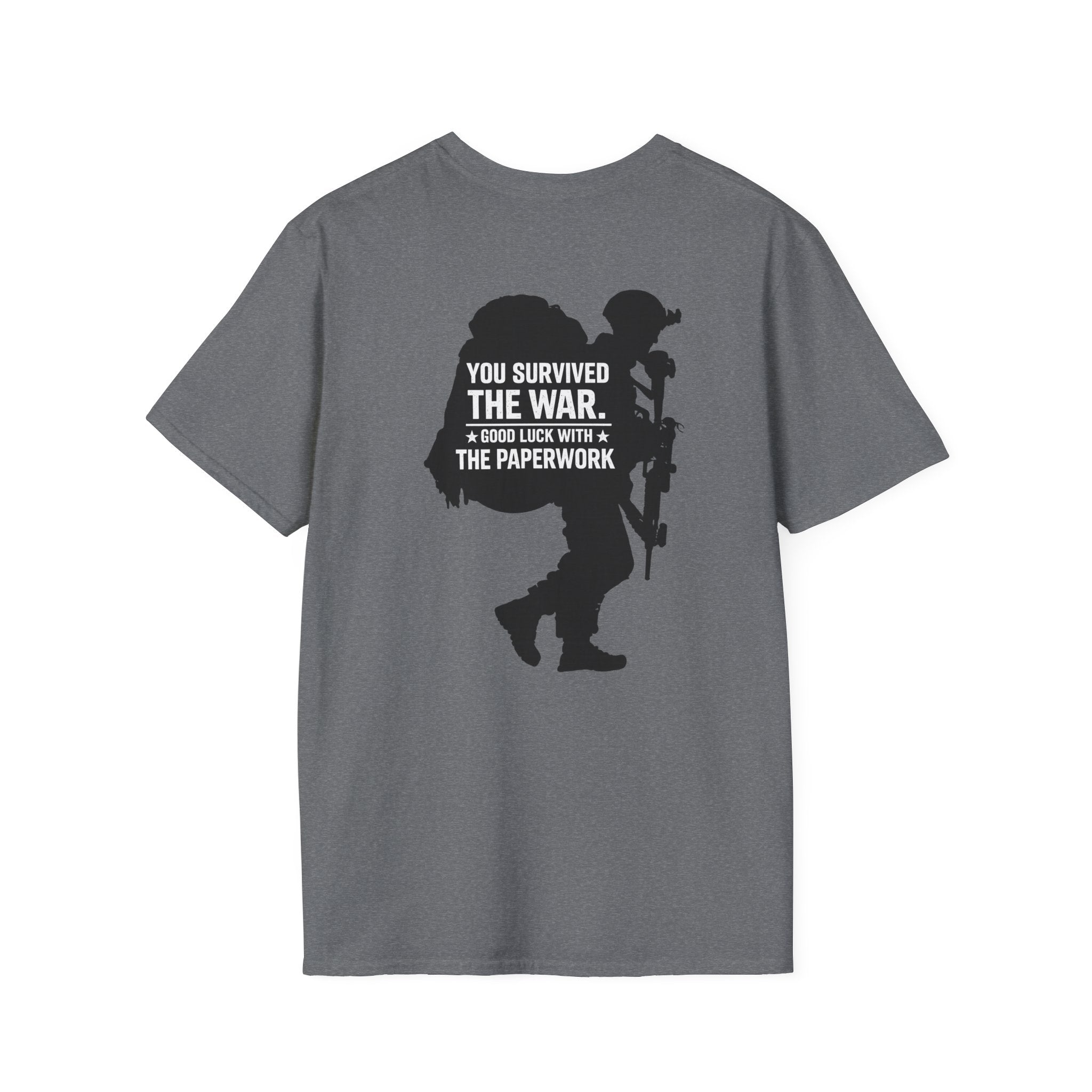 You Survived the War Good Luck With The Paperwork T-Shirt (Black Graphic) - Graphite Heather