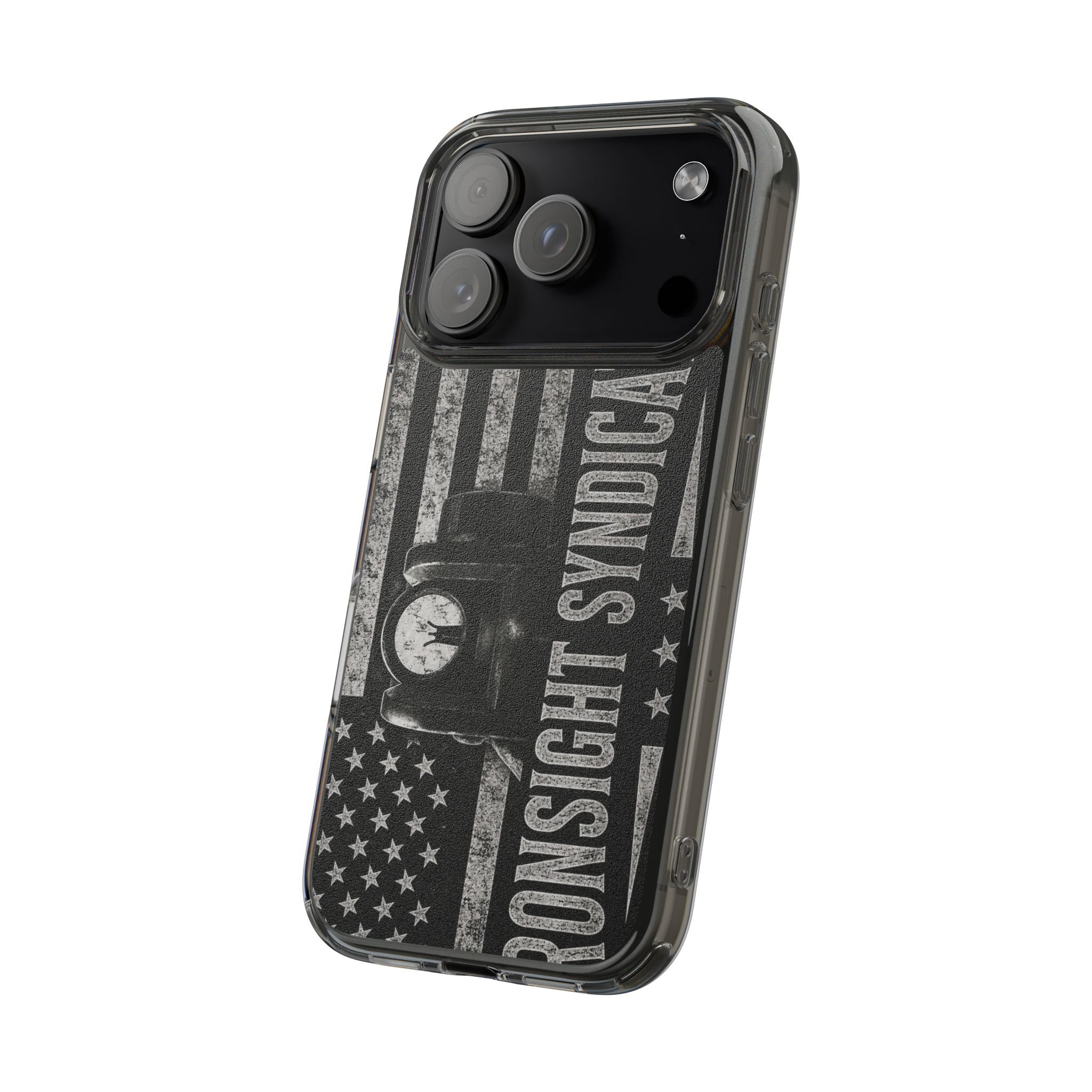 Clear Impact-Resistant Phone Case — "Ironsight Syndicate" Vintage Patriot Design